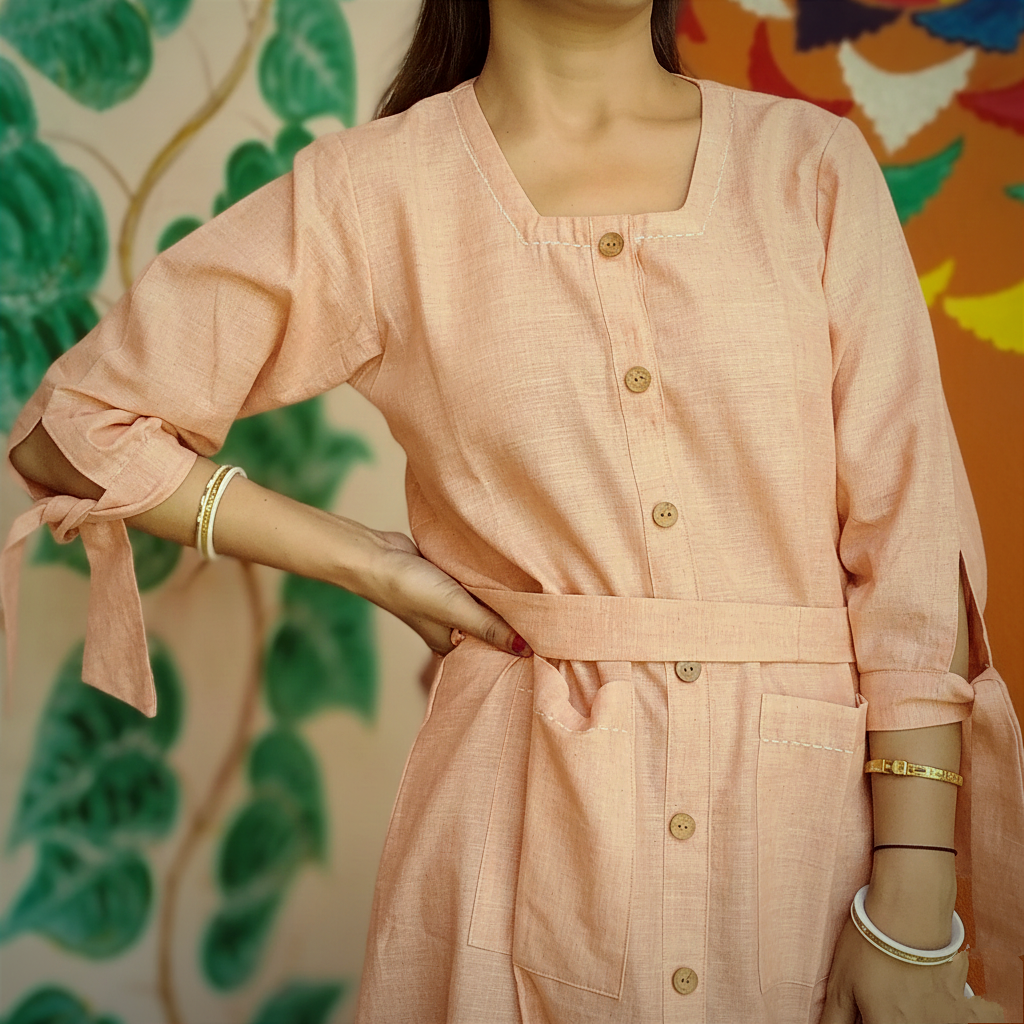 CRYSTAL ll- Tie Knot 3 Quater Sleeves Flared Belted Summer Cotton Designer wear.