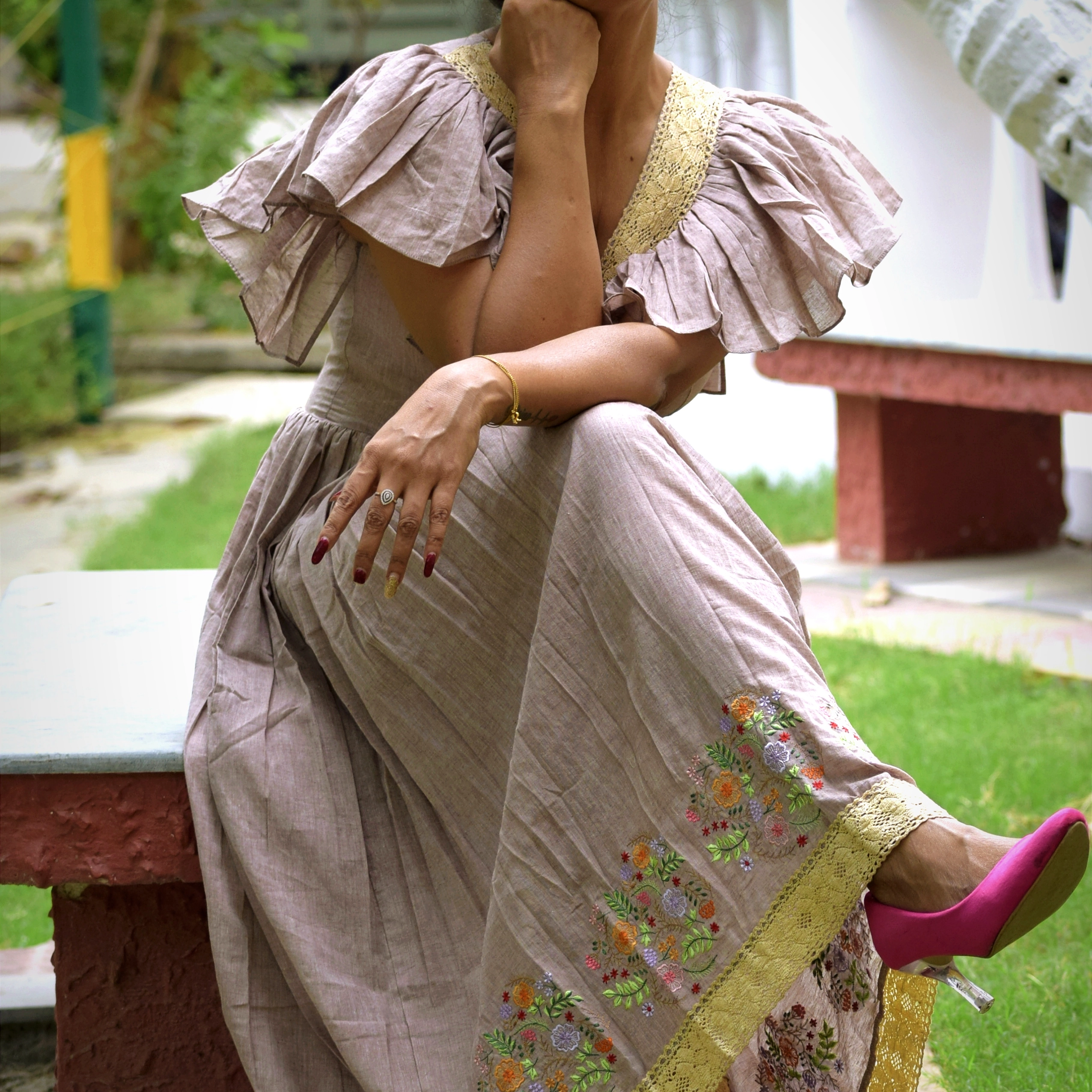 SANTORINI - Solid Ruffled Blouson Midi Dress with V Neck & Short Flutter Sleeves.