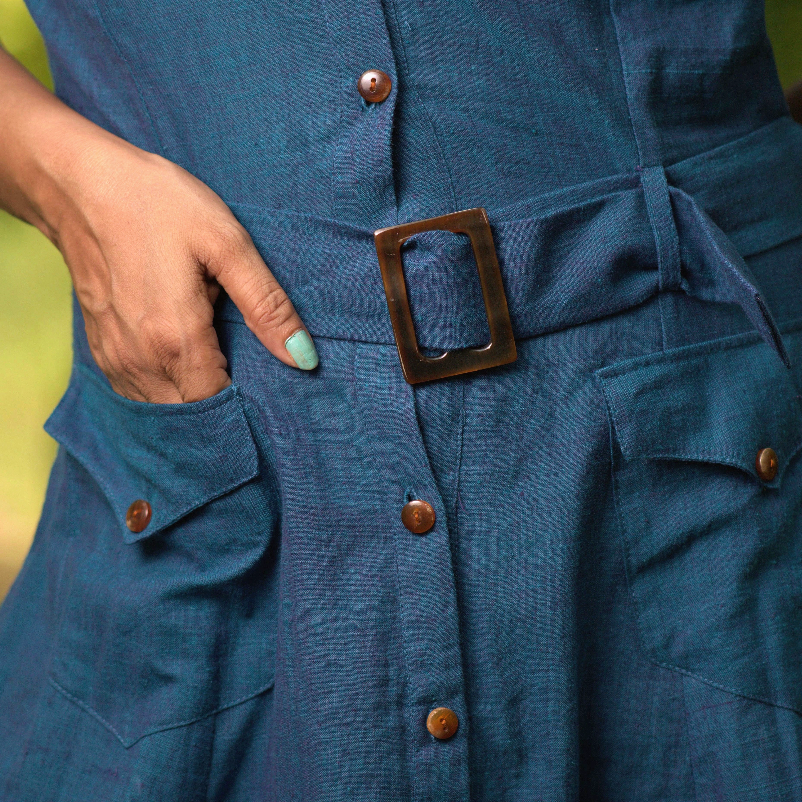 VALENTINE FLAME - V-Neck, Horn Button Front Closure,Belted Waist Flared Cotton Summer Dress.