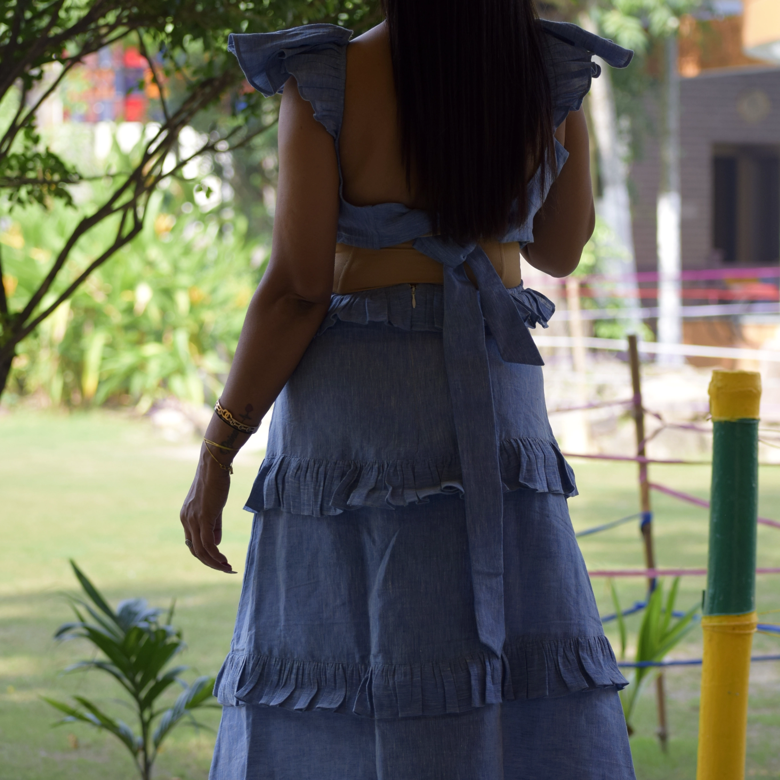 MADRID SUN - Short Frilled Sleeves High Waist,Multi Tiered Midi A Line Swing Dress.