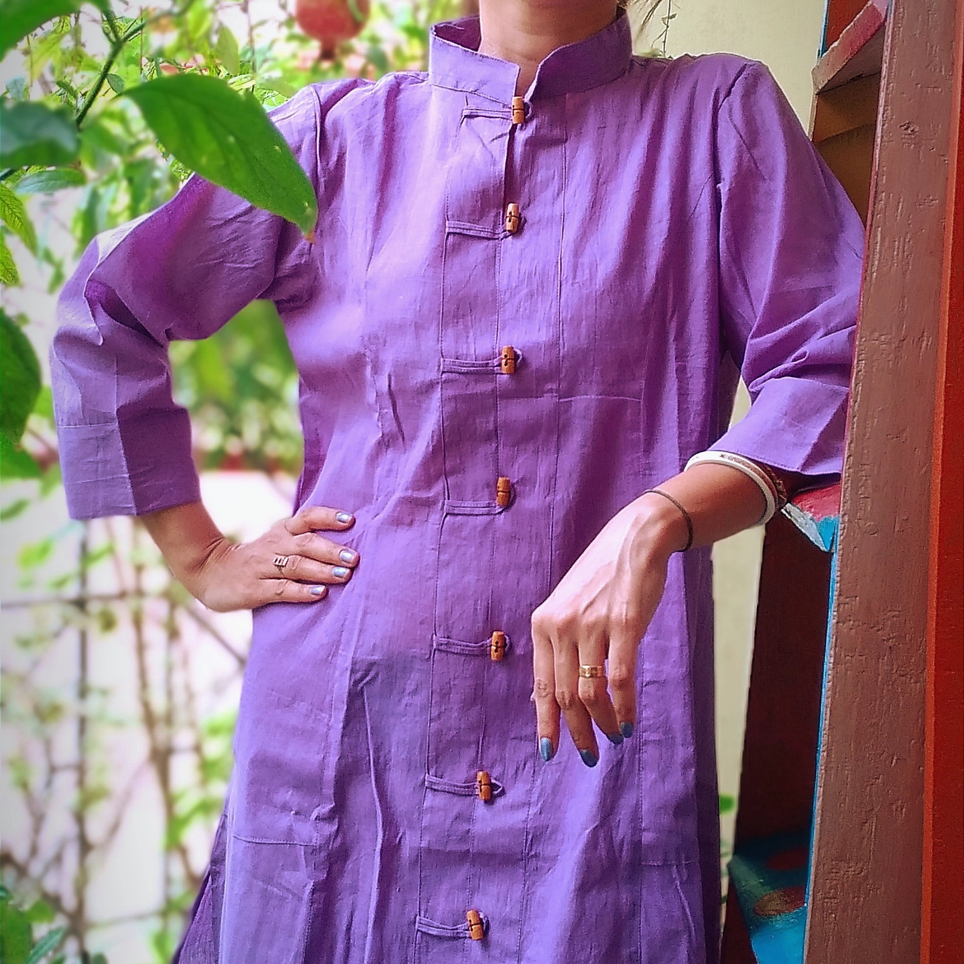 MANDARIN VIBES  ~ mandarin Collar Front Button Down Three Quarter Sleeves flared bottom ankle Length Maxi Dress with pockets.