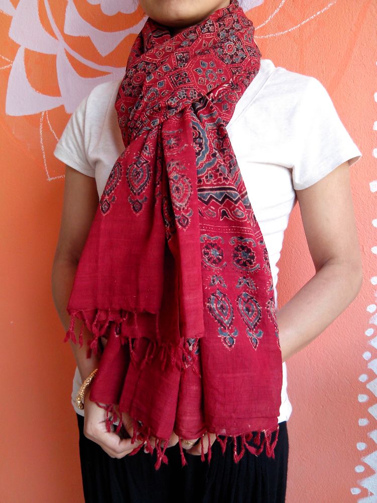 KrishanChura - Madder Red Ajrakh-printed Premium HandWoven Muslin Cotton Dupatta --Sustainably Fashion.