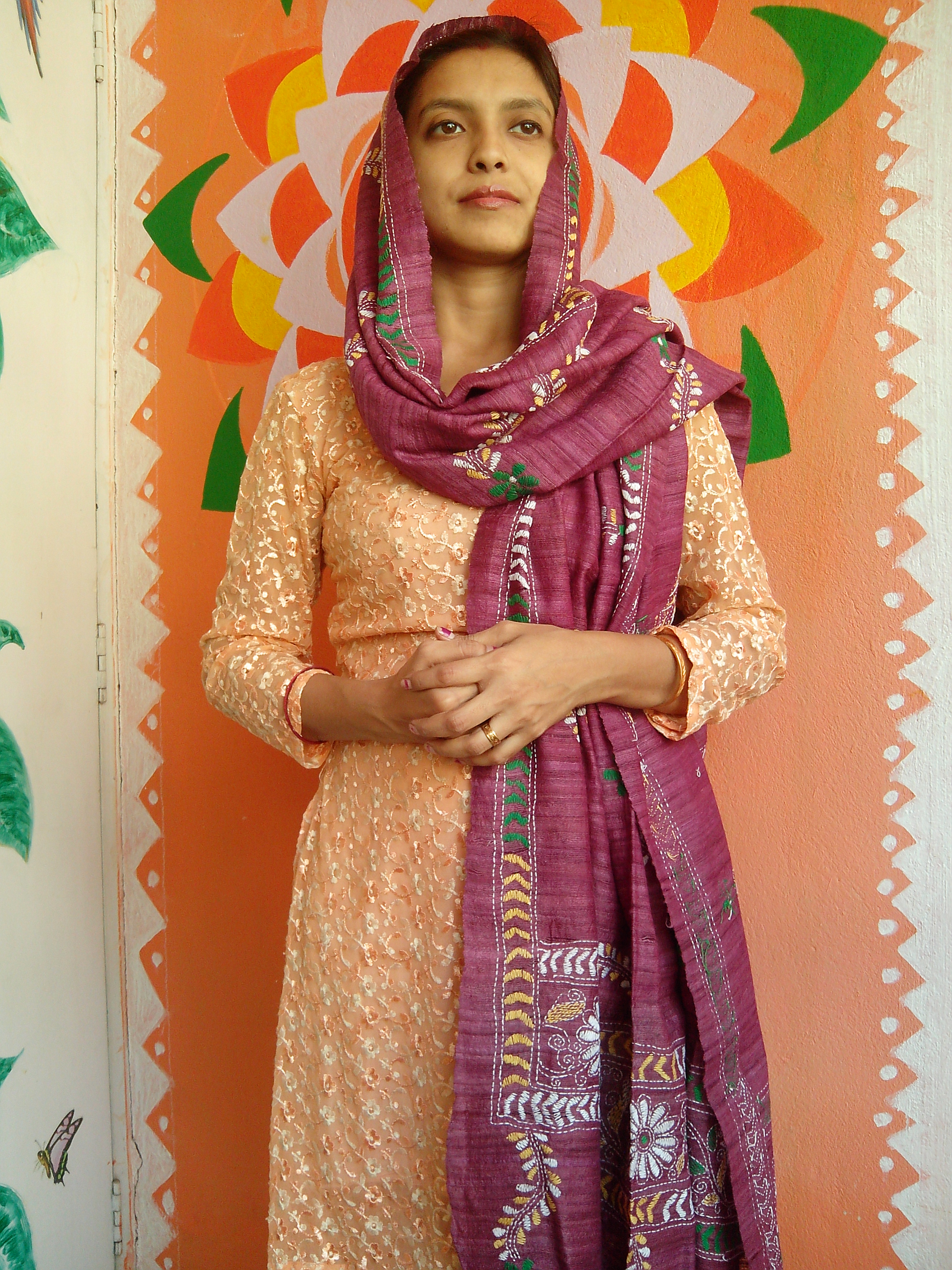 Ruby Red - Bengal Nakshi Kantha Embroidered Tussar Gicha Silk Handloom Duppatta.
