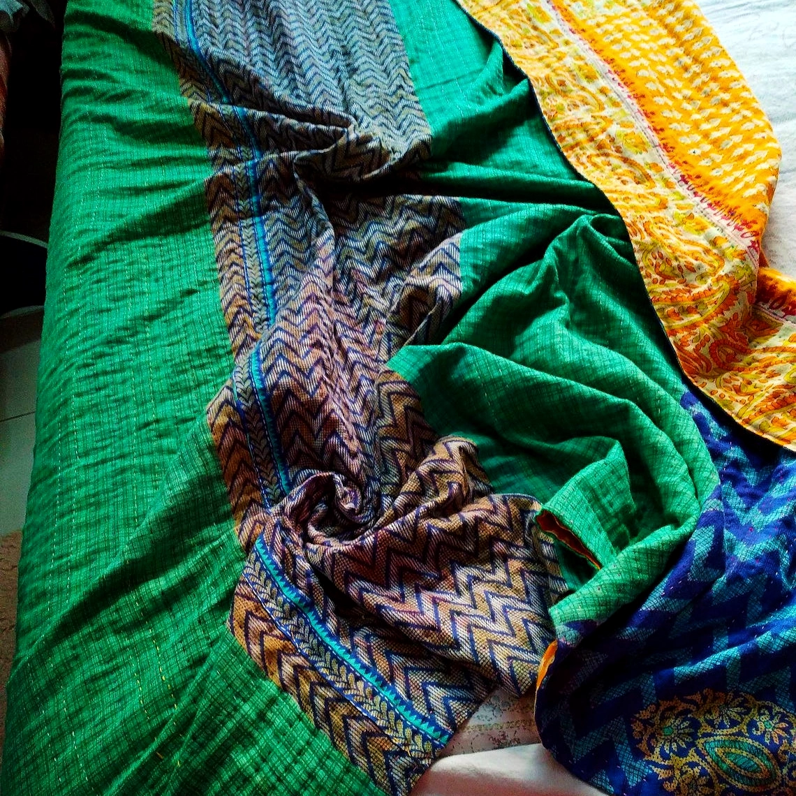SLEEP LULLABY  - Reversible  Geometric Pattern Hand Stitched Kantha Quilt /Throw -[4 layers]
