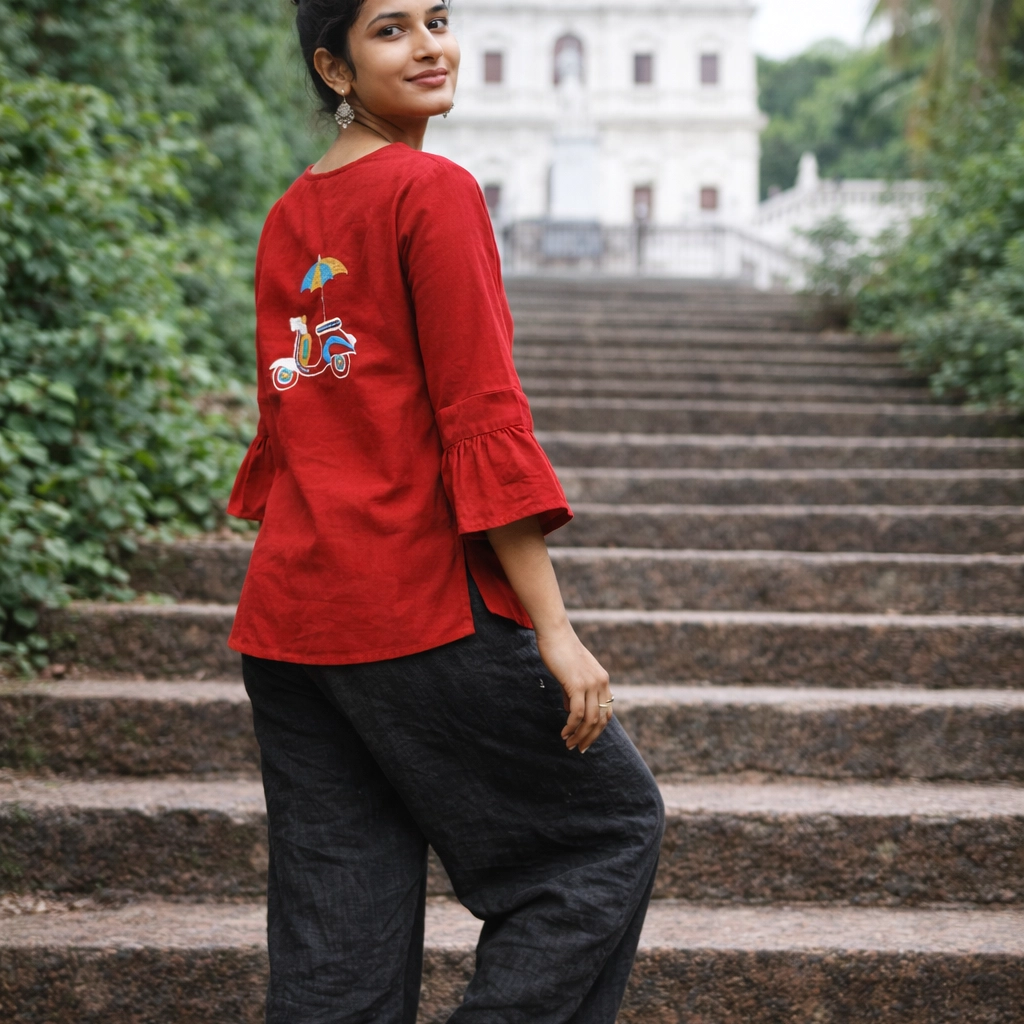 SUNNY BLISS - Peplum Hem Fitted pleated V Neck Sleeveless Top in Haze Red.