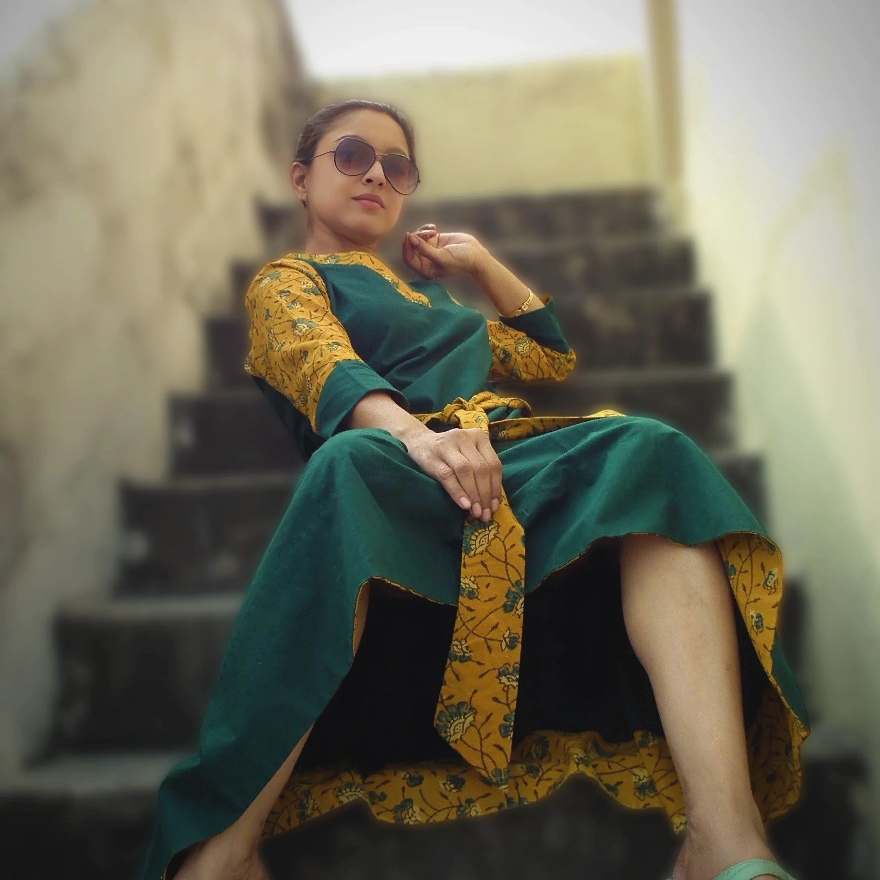 NAIFARU - Dual tone Maxi Dress with Belt,Ajrakh block Printed Sleeves ,Neck Line and Belt.