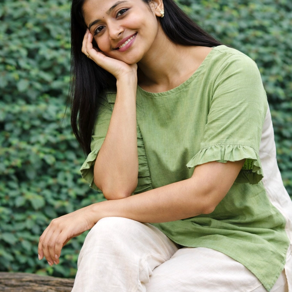 MOSS STORY -Side Frilled,Sleeves pleated Shallow Neck Top in Mint Green.