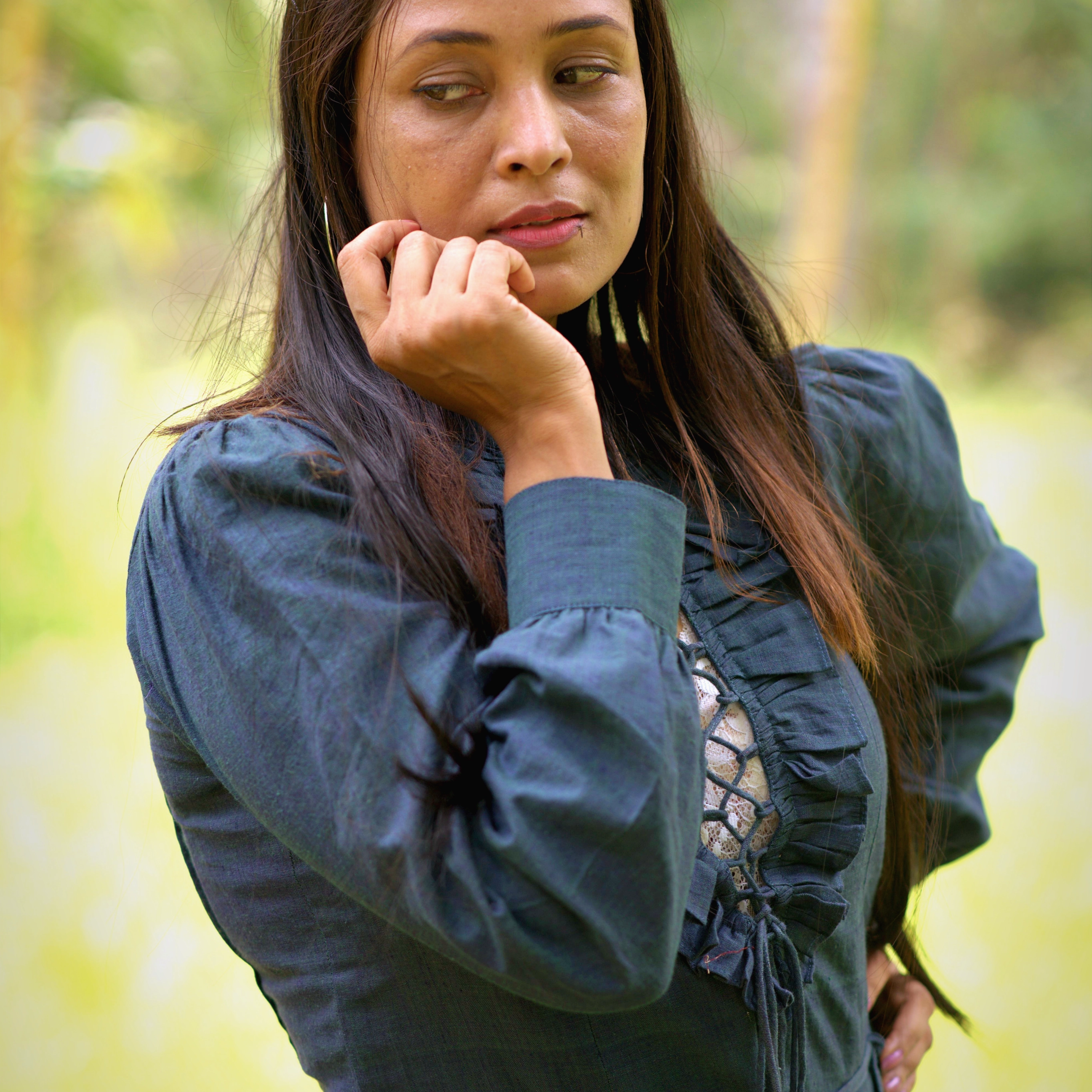 WANDERER'S SOUL~ Solid Front Ruffle Trim Drawstring Lace Up V-Neck Full Sleeve Victorian Styled Dress.