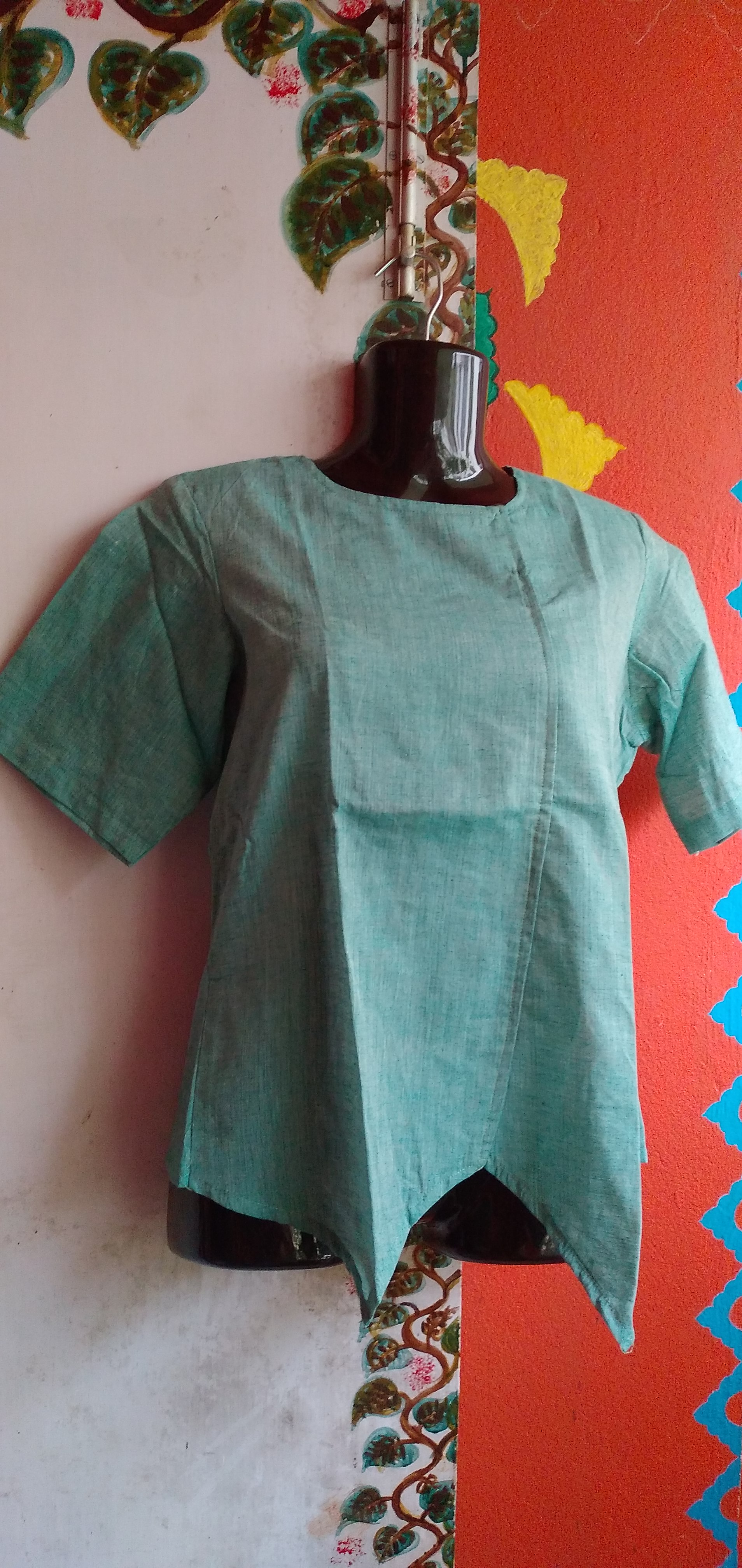 MOSS STORY -Side Frilled,Sleeves pleated Shallow Neck Top in Mint Green.