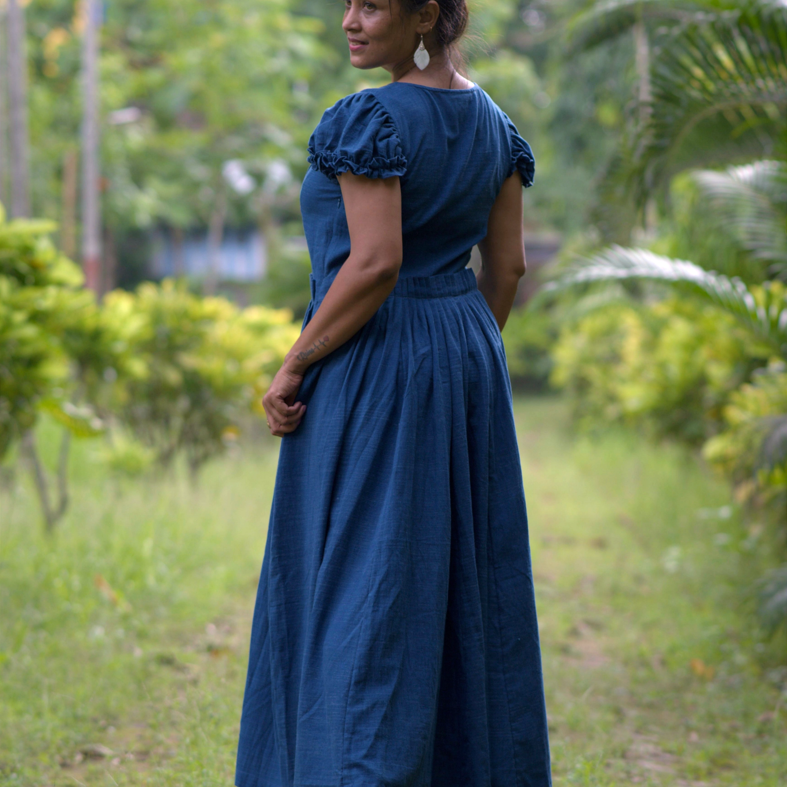 DAMSEL'S JOY - Puff Ruffle Sleeved,Front Buttoned  Indo Western Flared Summer Dress.
