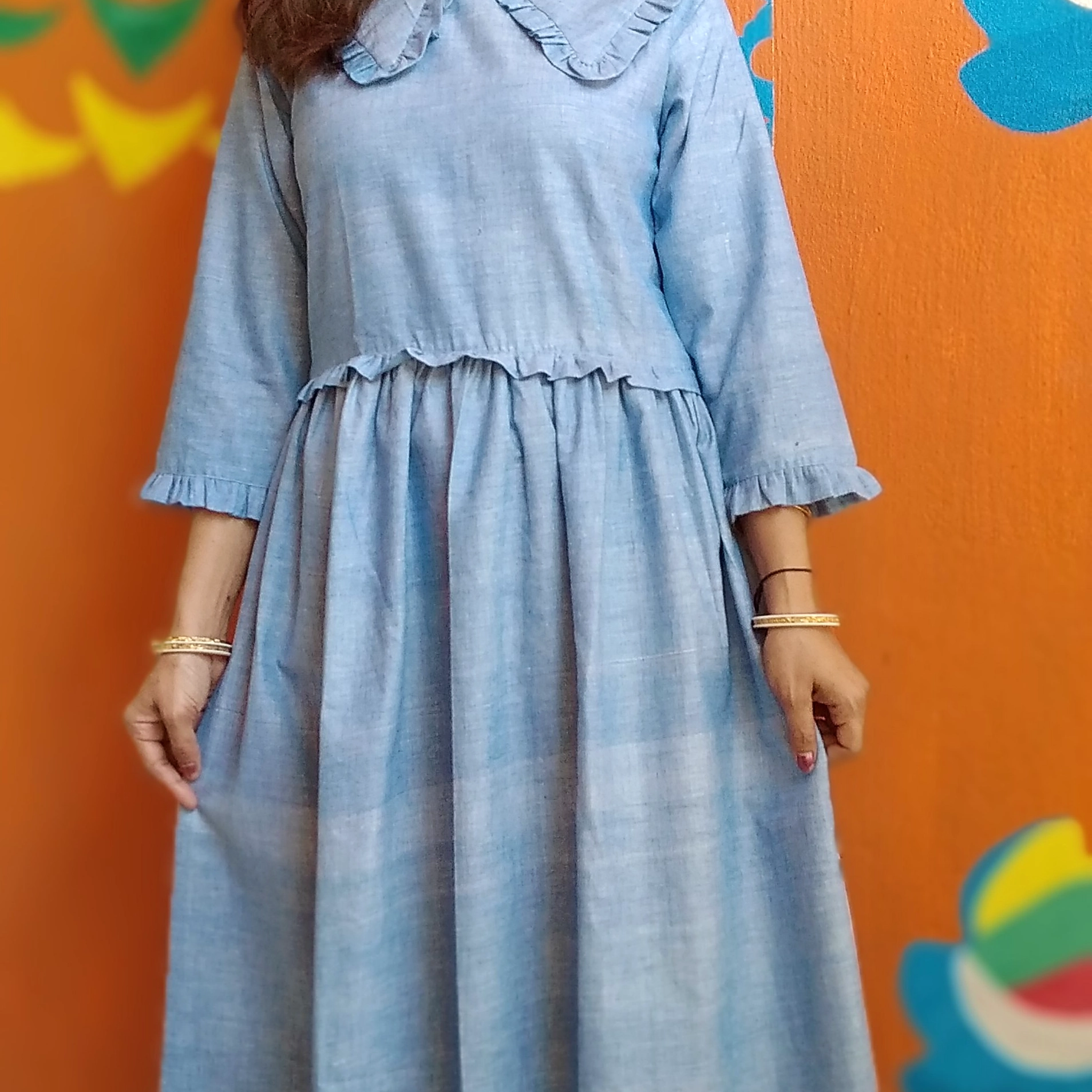 SOLISTICE- Ruffle Trim Flounce Sleeve Flared Summer Cotton Designer wear / Party Wear.