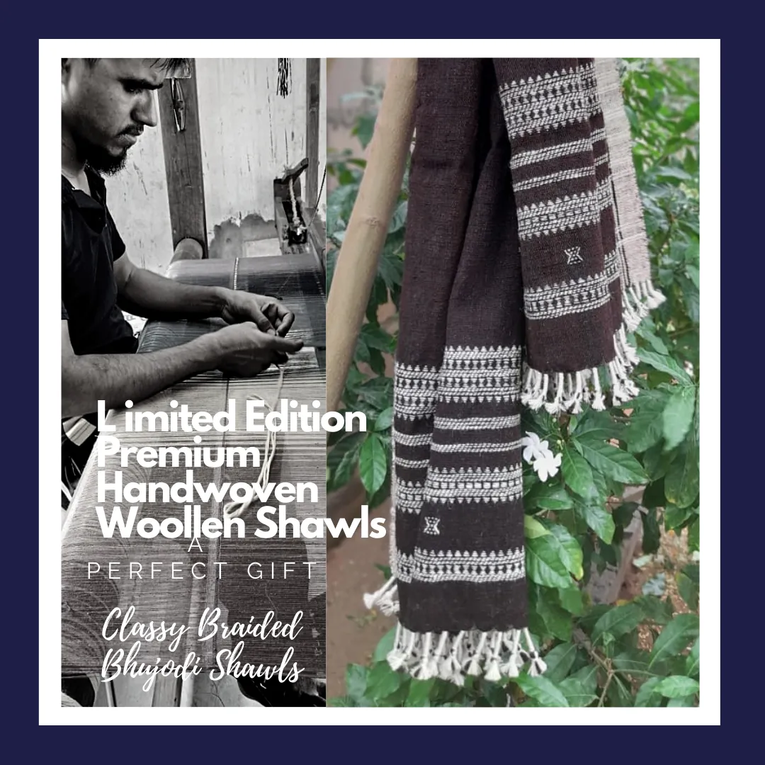 Dunes of Time - Warmth of Desert.l Bhujodi Handwoven Desi Sheep Wool Shawl - Bark Brown