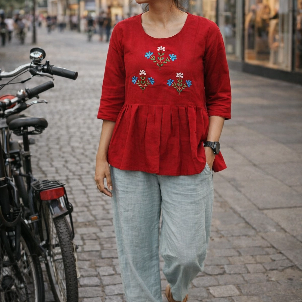 SUNNY BLISS - Peplum Hem Fitted pleated V Neck Sleeveless Top in Haze Red.