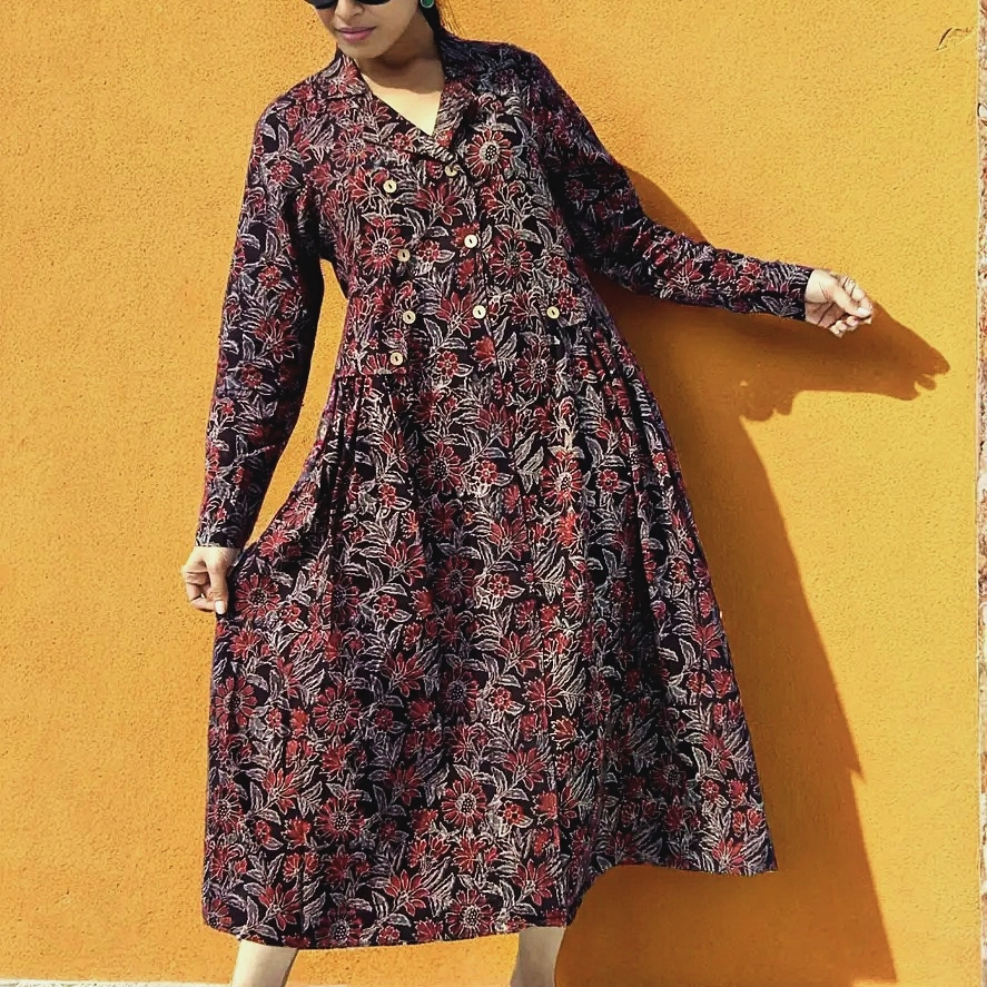 MAUI- Floral Ajrakh handblock printed Lantern Sleeves warm Chocolate Collared A Line Dress.