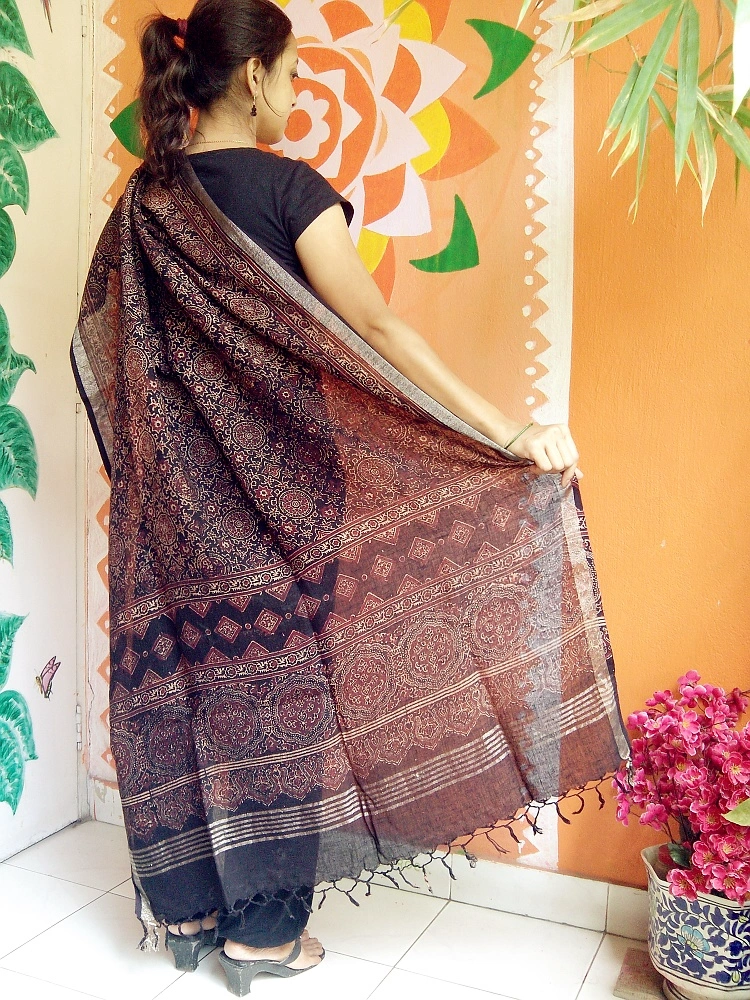 Shayara -Umber Brown Ajrakh-printed Linen Dupatta With Zari Border --Style signature Accessory.