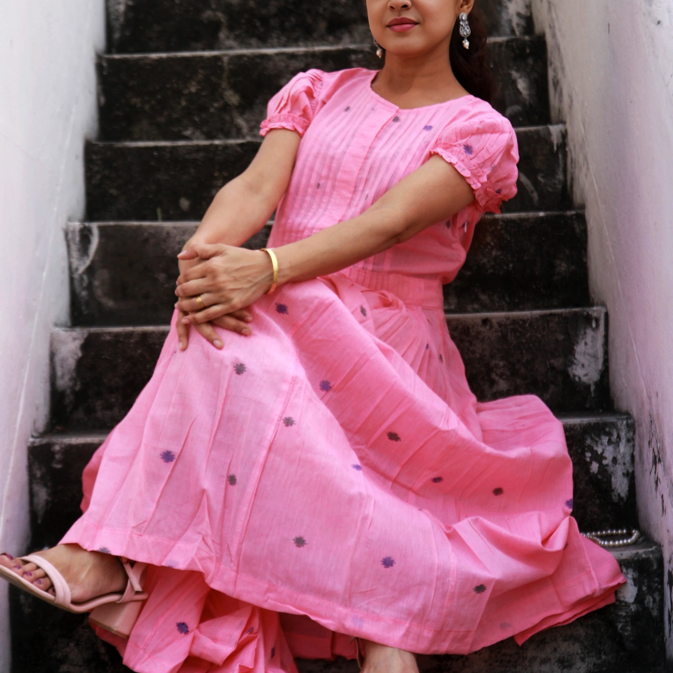 DAMSEL'S JOY II - Puff Ruffle Sleeved,Front Buttoned  Indo Western Flared Summer Dress.