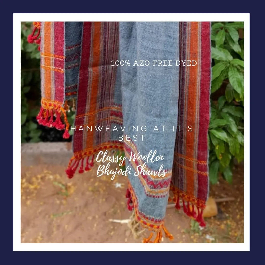 Mirage of Rann - Warmth of Desert.l Bhujodi Handwoven Desi Sheep Wool Shawl - Teal Blue