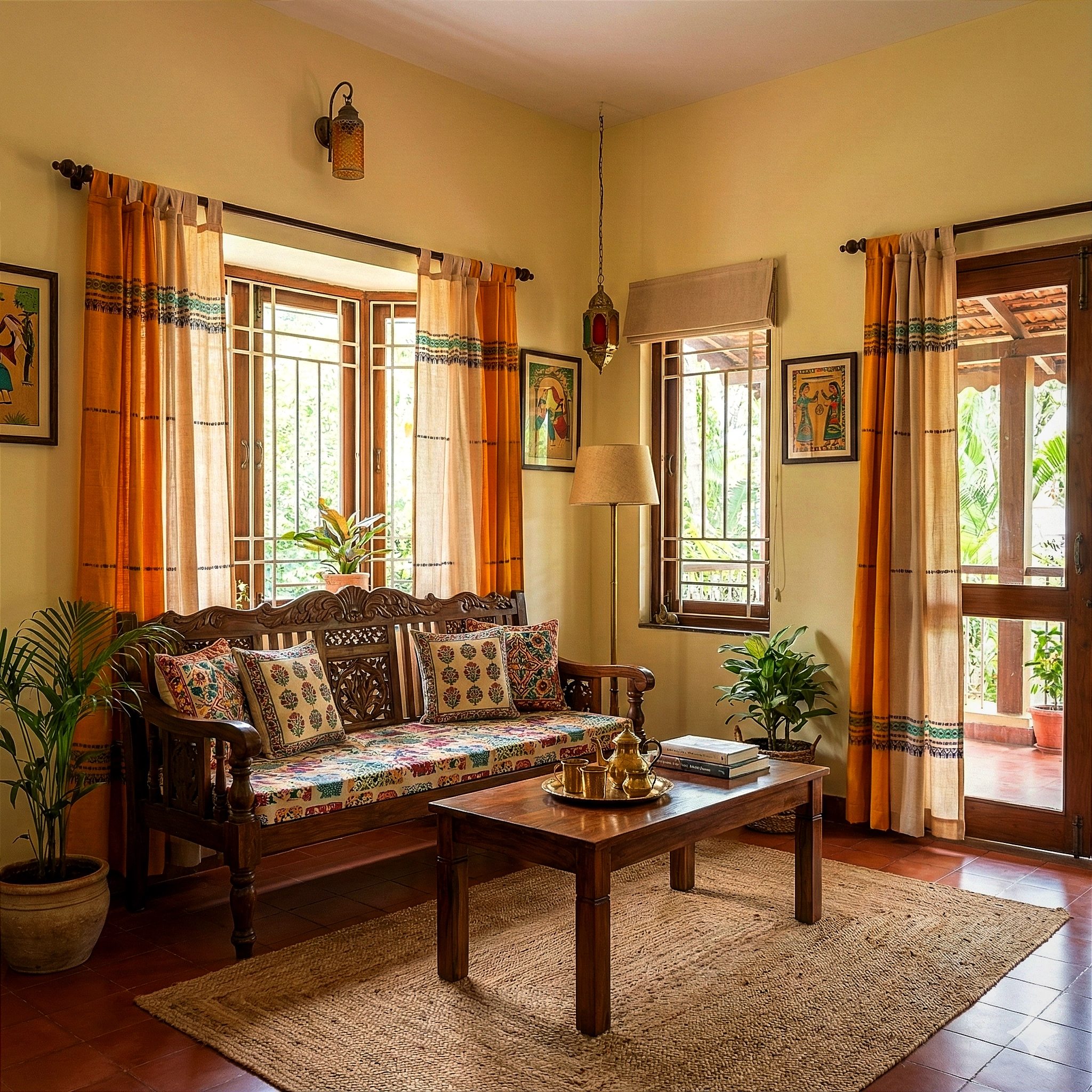 Chrome Yellow  & Beige Dual Tone  - Handcrafted Door Curtains with Diamond Motiffs Design..