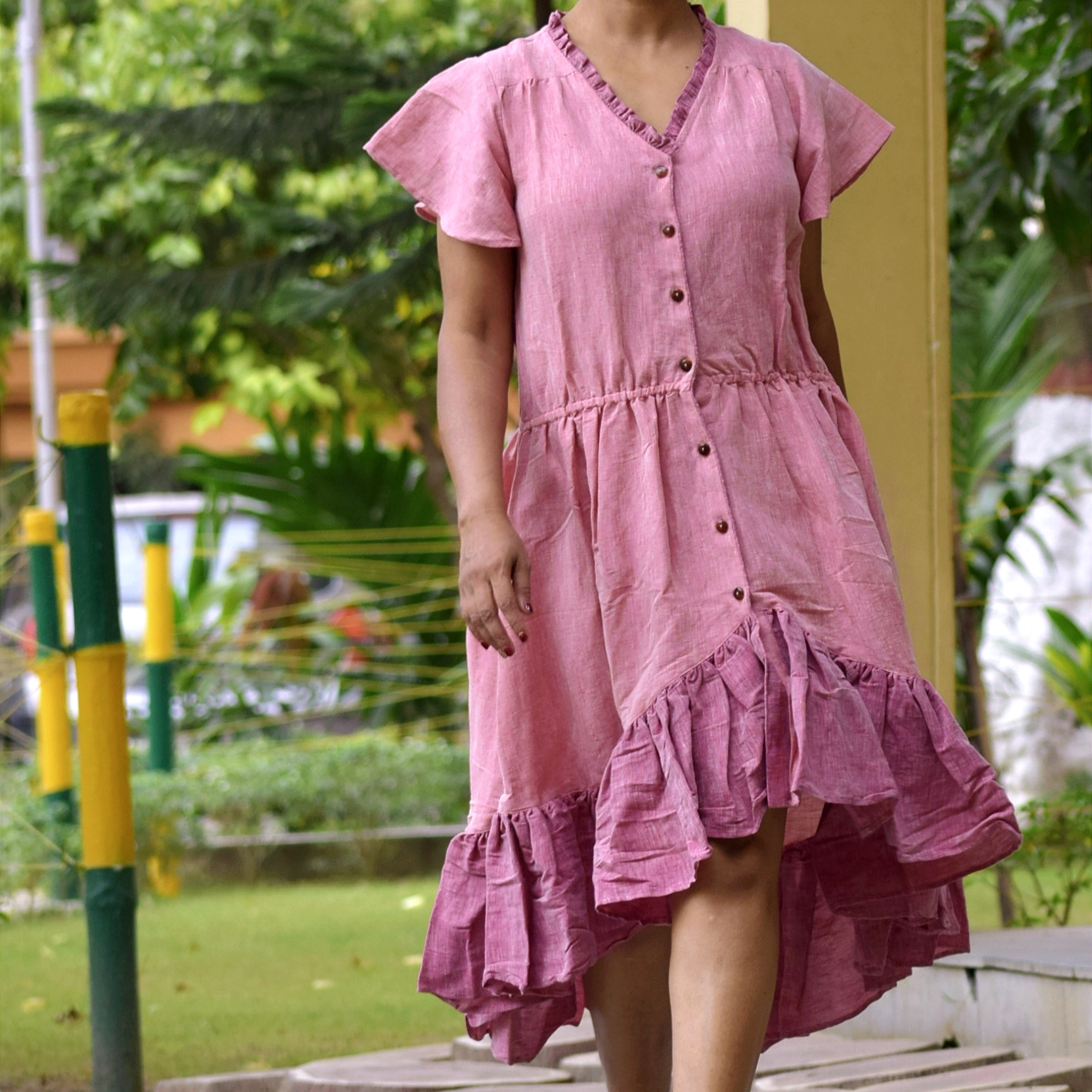 DISTANT SHORES - Premium Linen Cotton pleated V Neck Swing Dress.