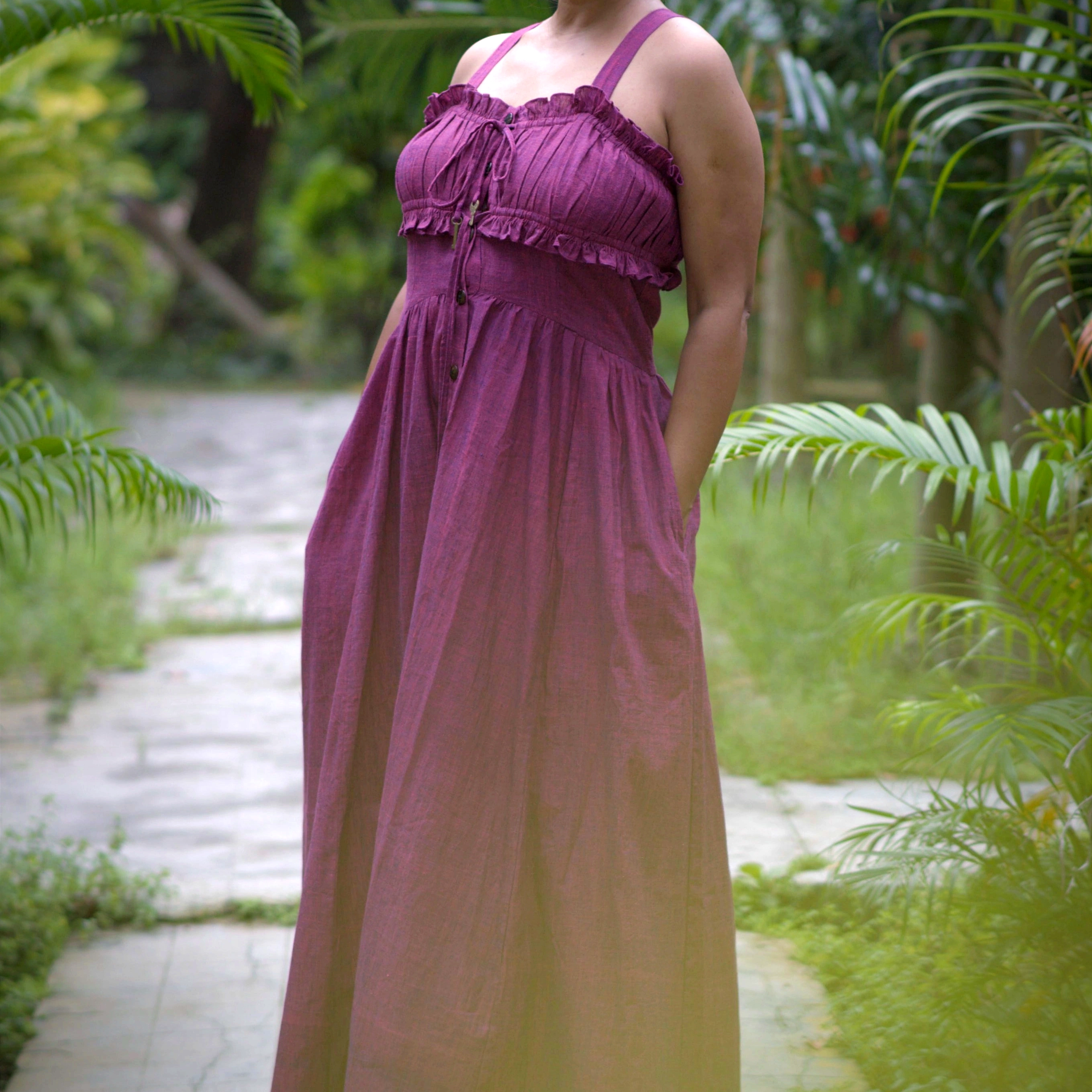 INAMORATA’S TALE ~ Front Lace & Buttoned Suspender Maxi Dress in handwoven Cotton / Summer Dress / Party Wear.