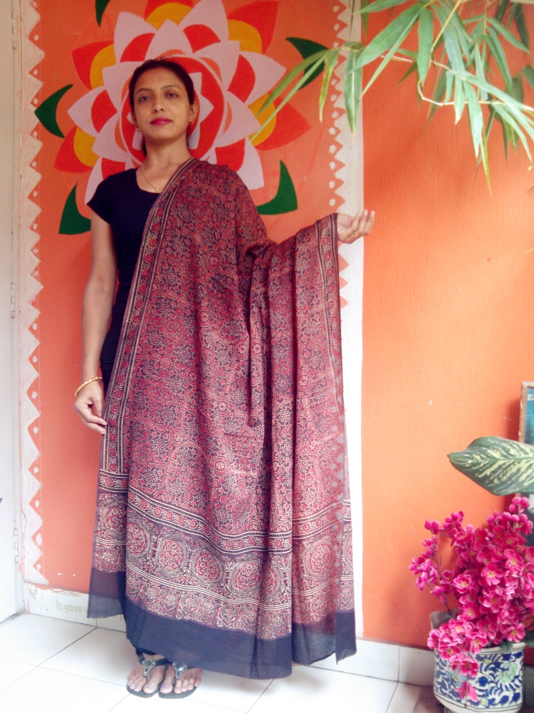 Wadhiya- Madder Red Ajrakh-Printed Premium HandWoven Muslin Cotton Dupatta --Organic Fashion Accessory.