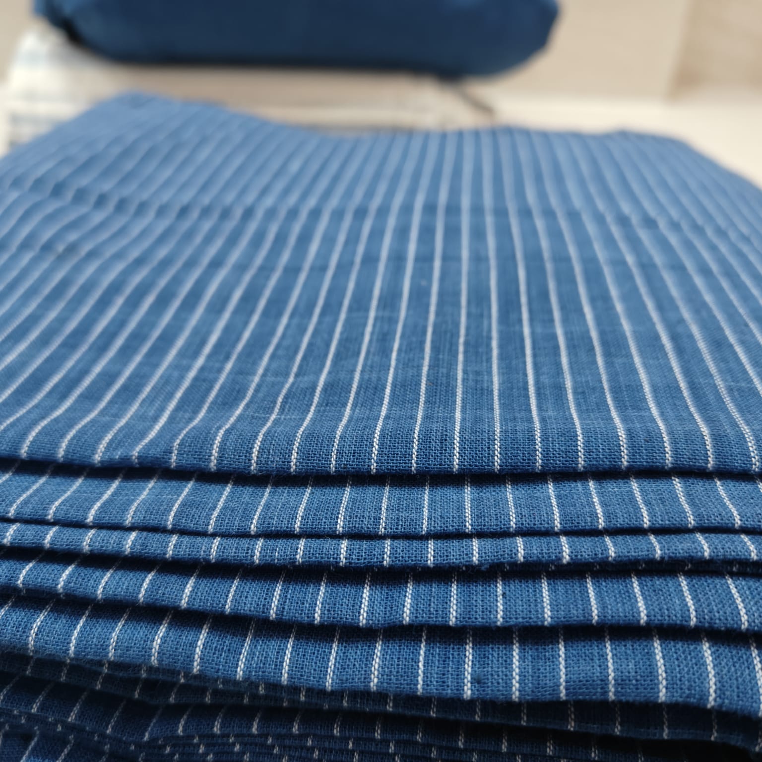 Organic Indigo Dyed 20/20 DT Cotton Hand-Woven regular Striped Fabric..