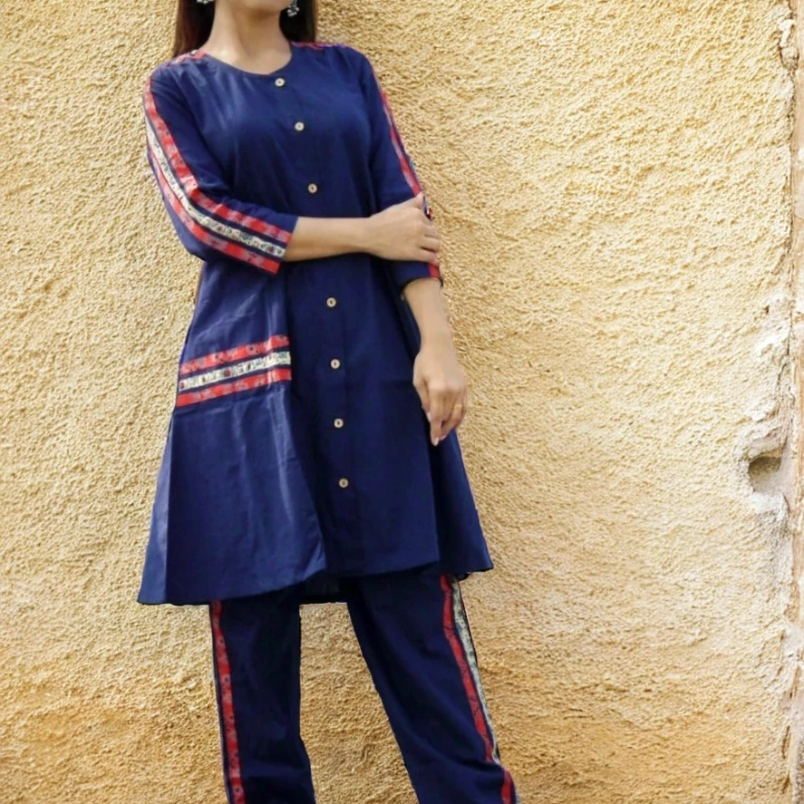 TSAVO -  Ajrakh Hand block print highlighted Slim Fit Navy Blue Cotton round neck Kurta & palazzo set.