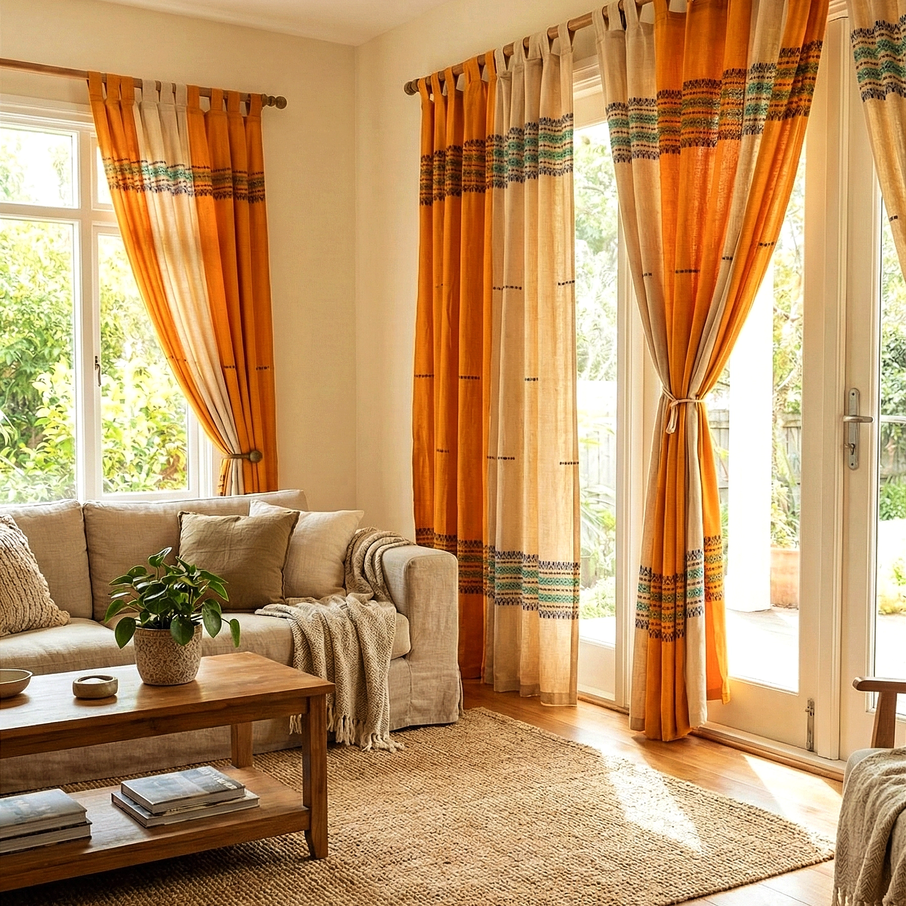 Chrome Yellow  & Beige Dual Tone  - Handcrafted Door Curtains with Diamond Motiffs Design..