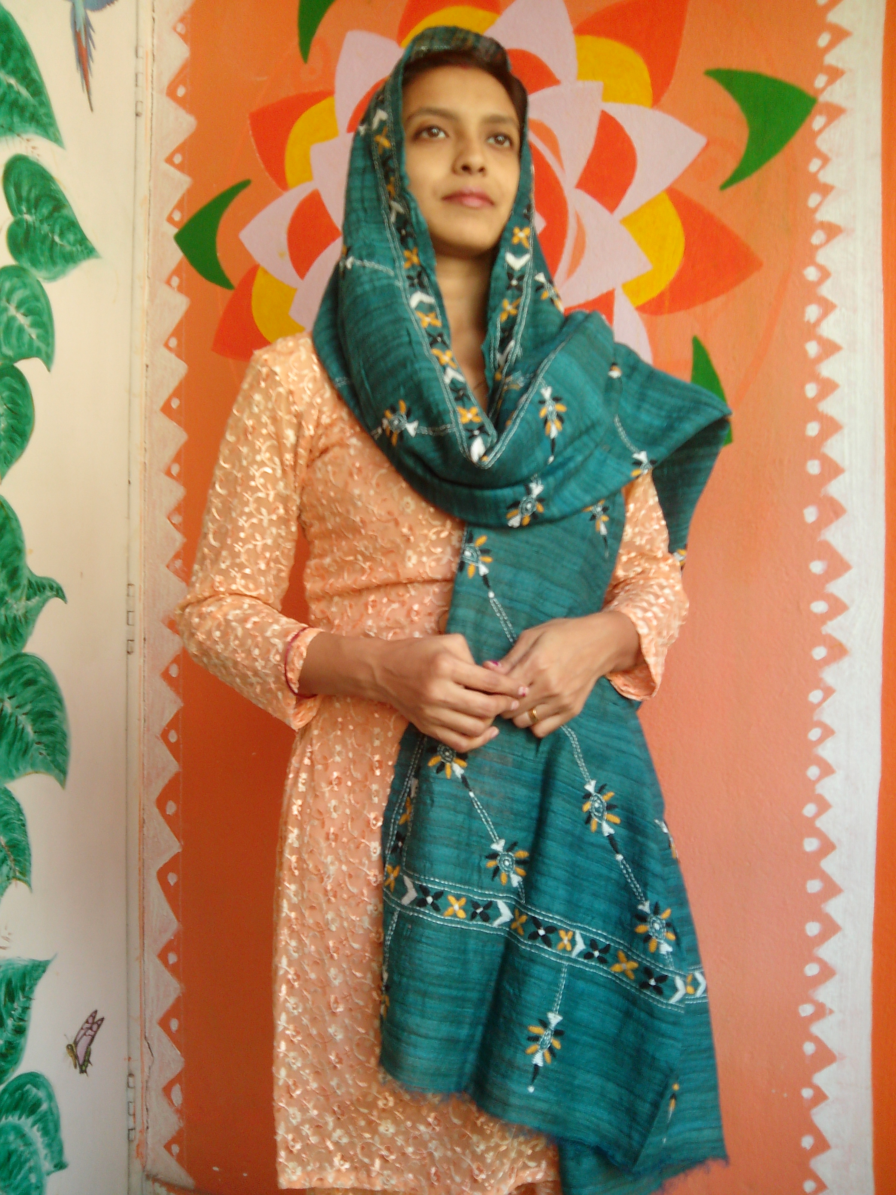 Copper Green - Bengal Nakshi Kantha Embroidered Tussar Gicha Silk Handloom Duppatta.