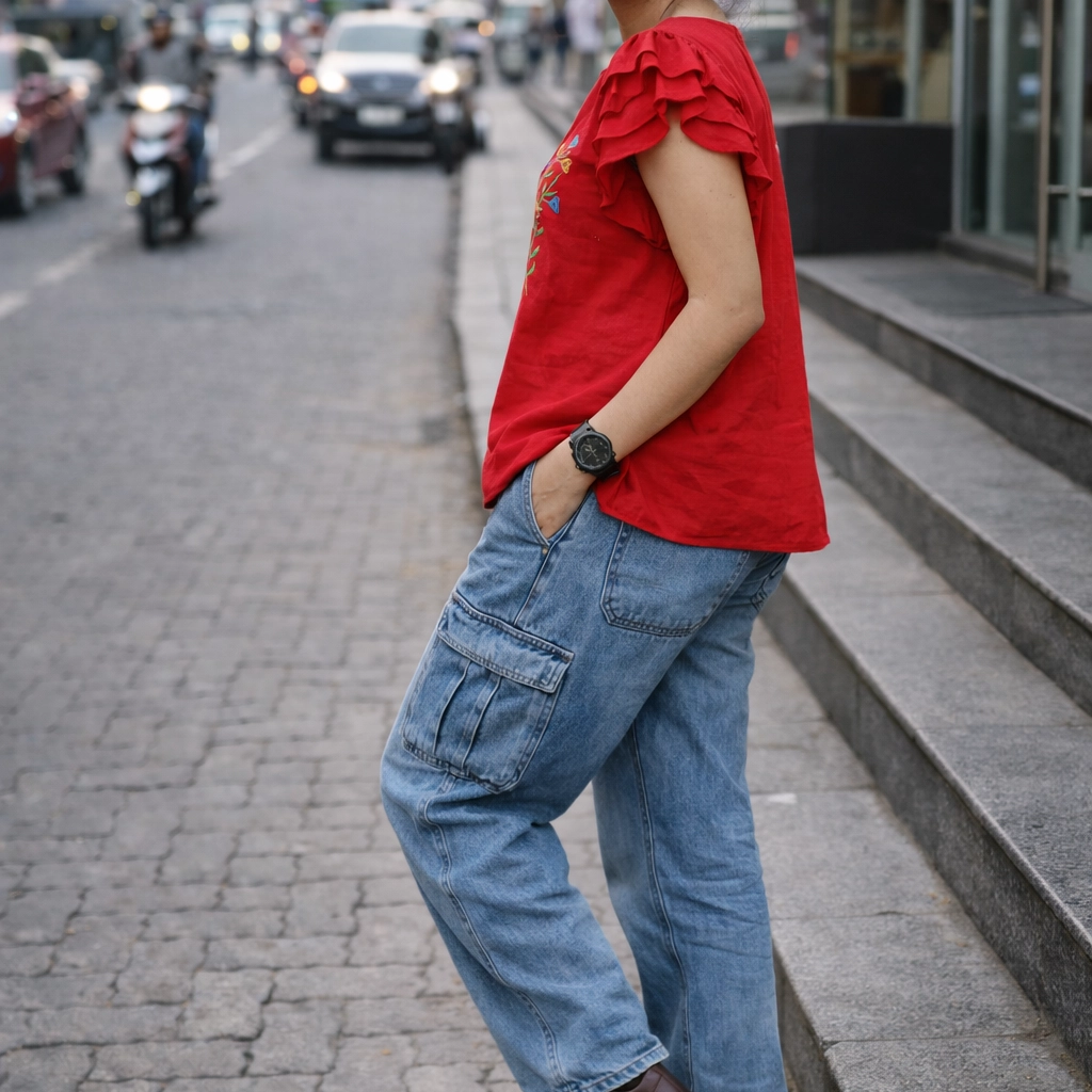 SUNNY BLISS - Peplum Hem Fitted pleated V Neck Sleeveless Top in Haze Red.