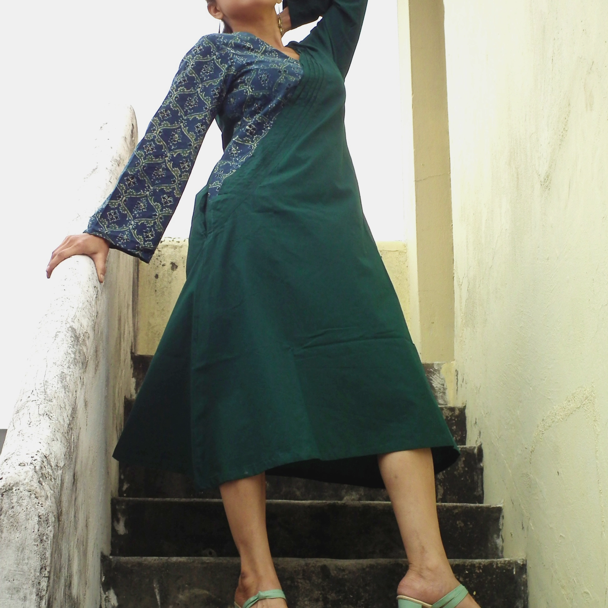 ABASHA - Free Flow Sleeve and Neck Line Ajrakh block Printed highlighted Maxi Dress.