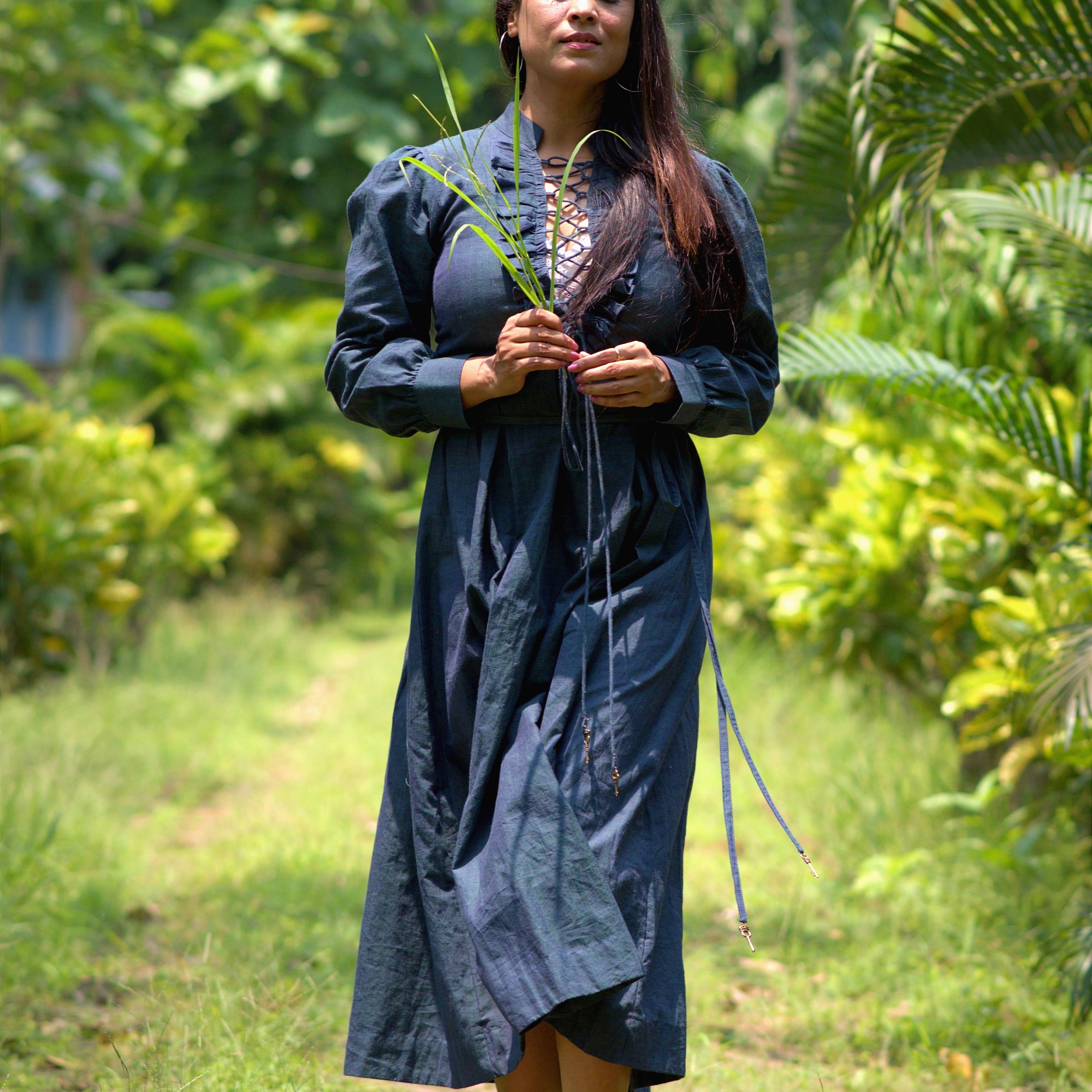 WANDERER'S SOUL~ Solid Front Ruffle Trim Drawstring Lace Up V-Neck Full Sleeve Victorian Styled Dress.