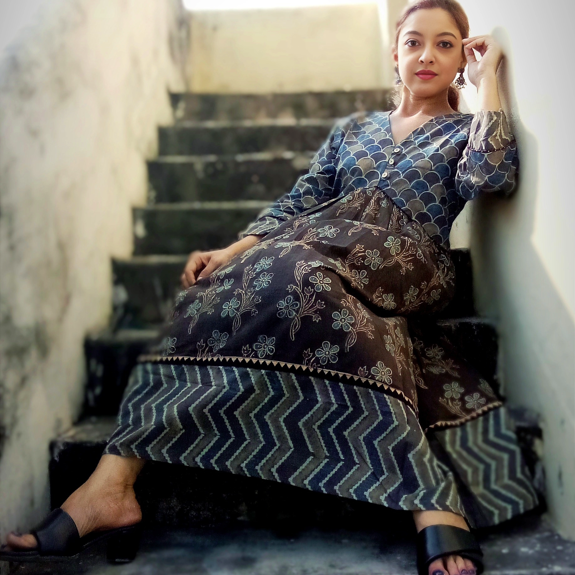 JAKAR -  Frilled & Pleated ,V Neck Three Quarter Sleeves Ajrakh-printed Maxi  Dress.