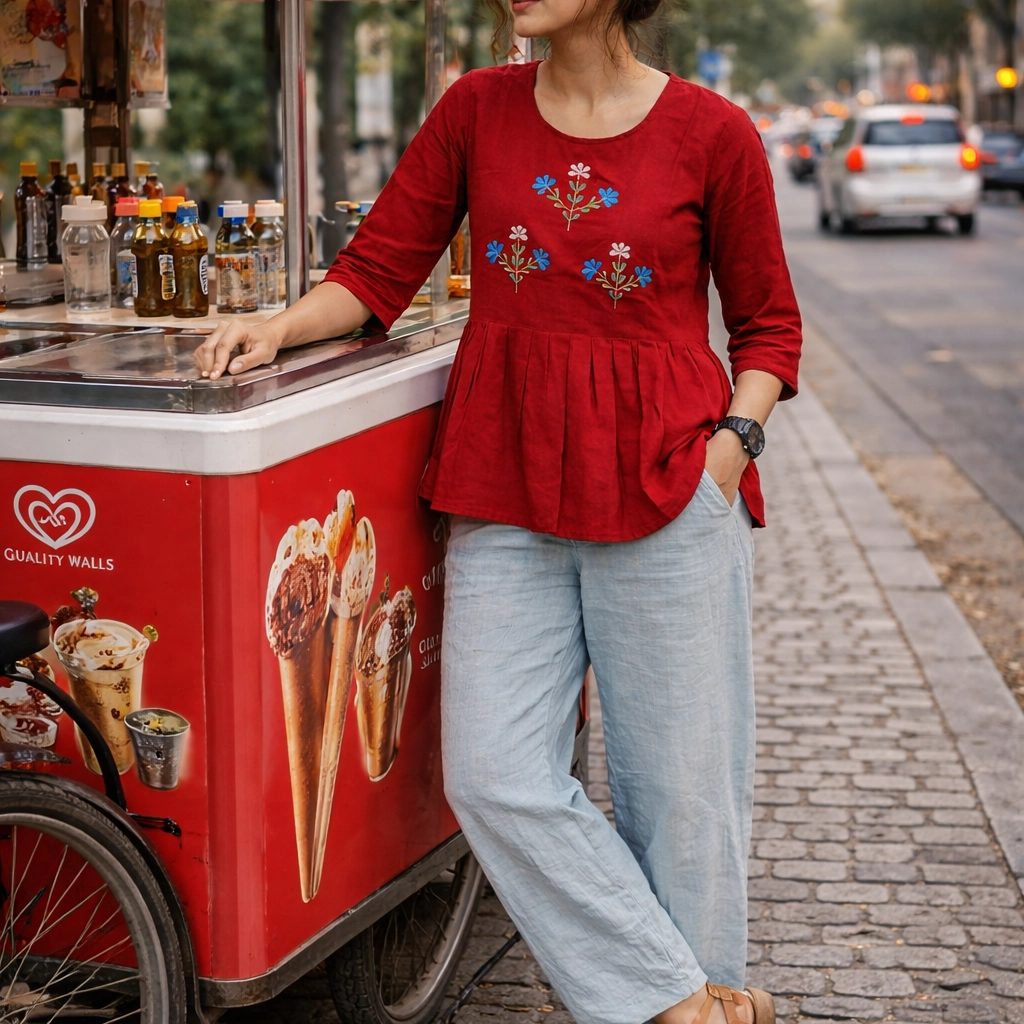 SUNNY BLISS - Peplum Hem Fitted pleated V Neck Sleeveless Top in Haze Red.