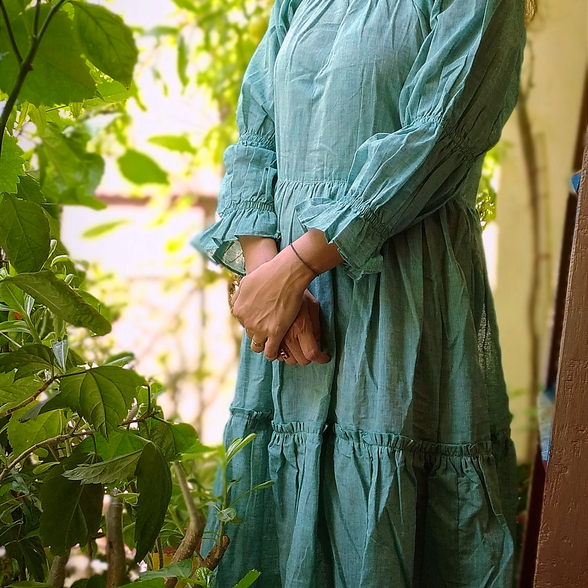 SPARKLE  ~ Ruffle Square Neckline ruched Cufffull Sleeves flared bottom Calf Length Tiered Maxi Dress.