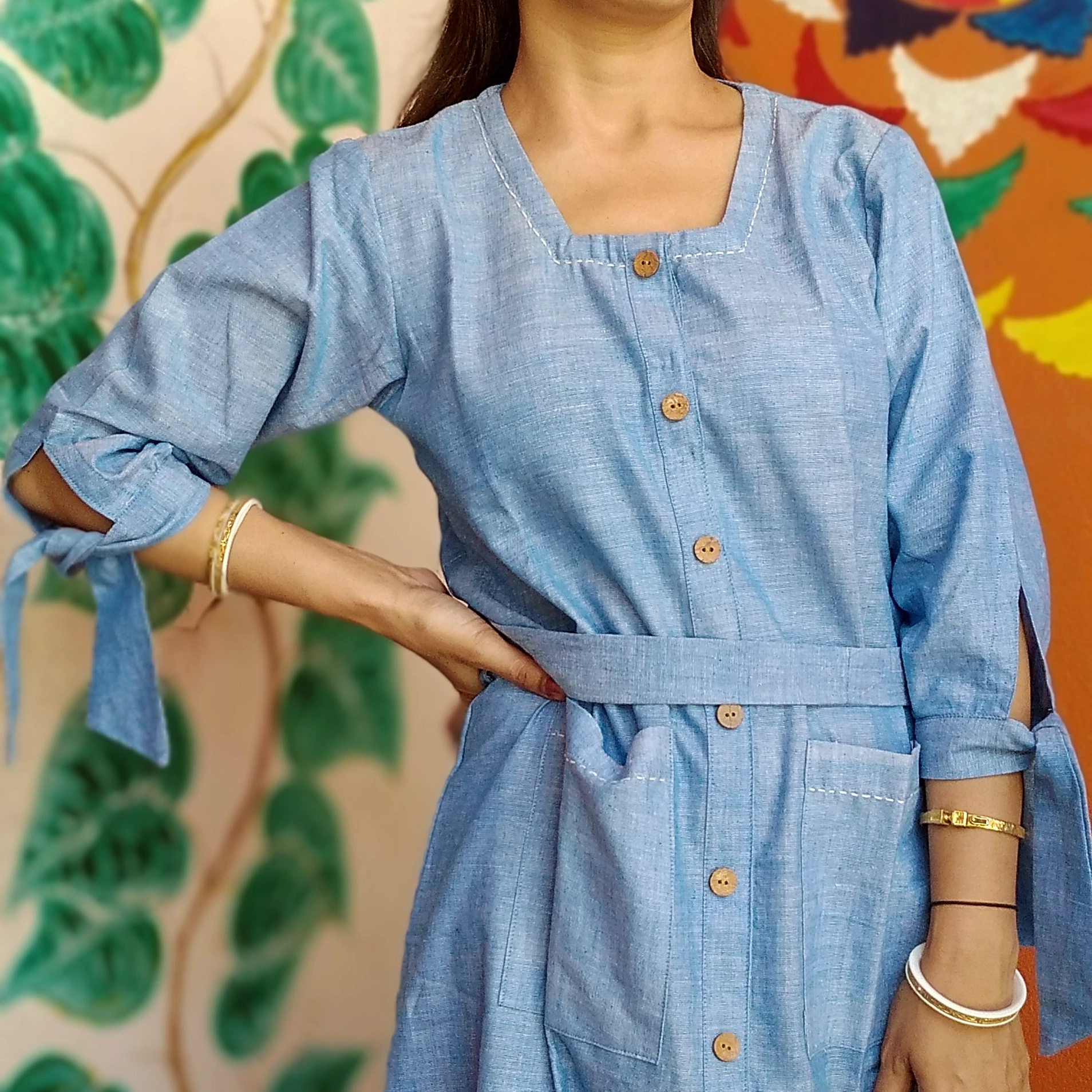 CRYSTAL- Tie Knot 3 Quater Sleeves Flared Belted Summer Cotton Designer wear.