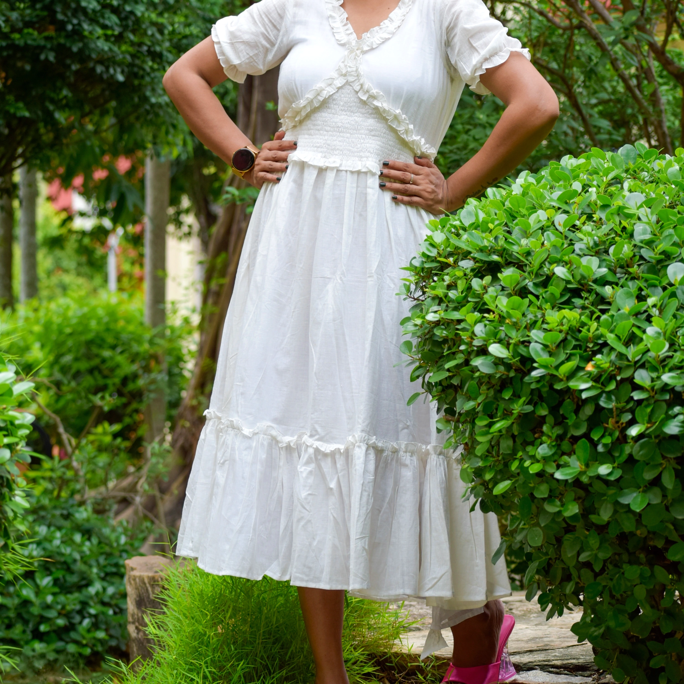 KHAMSIN TALES - Puff Sleeved,Front lace highlight Handcrafted Premium /Party Dress/White Summer Special Dress