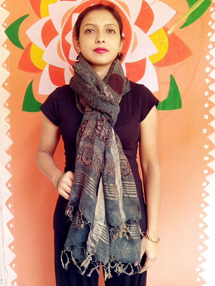 Nilakshi -Indigo Blue Ajrakh-printed Linen Dupatta With Zari Border --Your Style Signature 