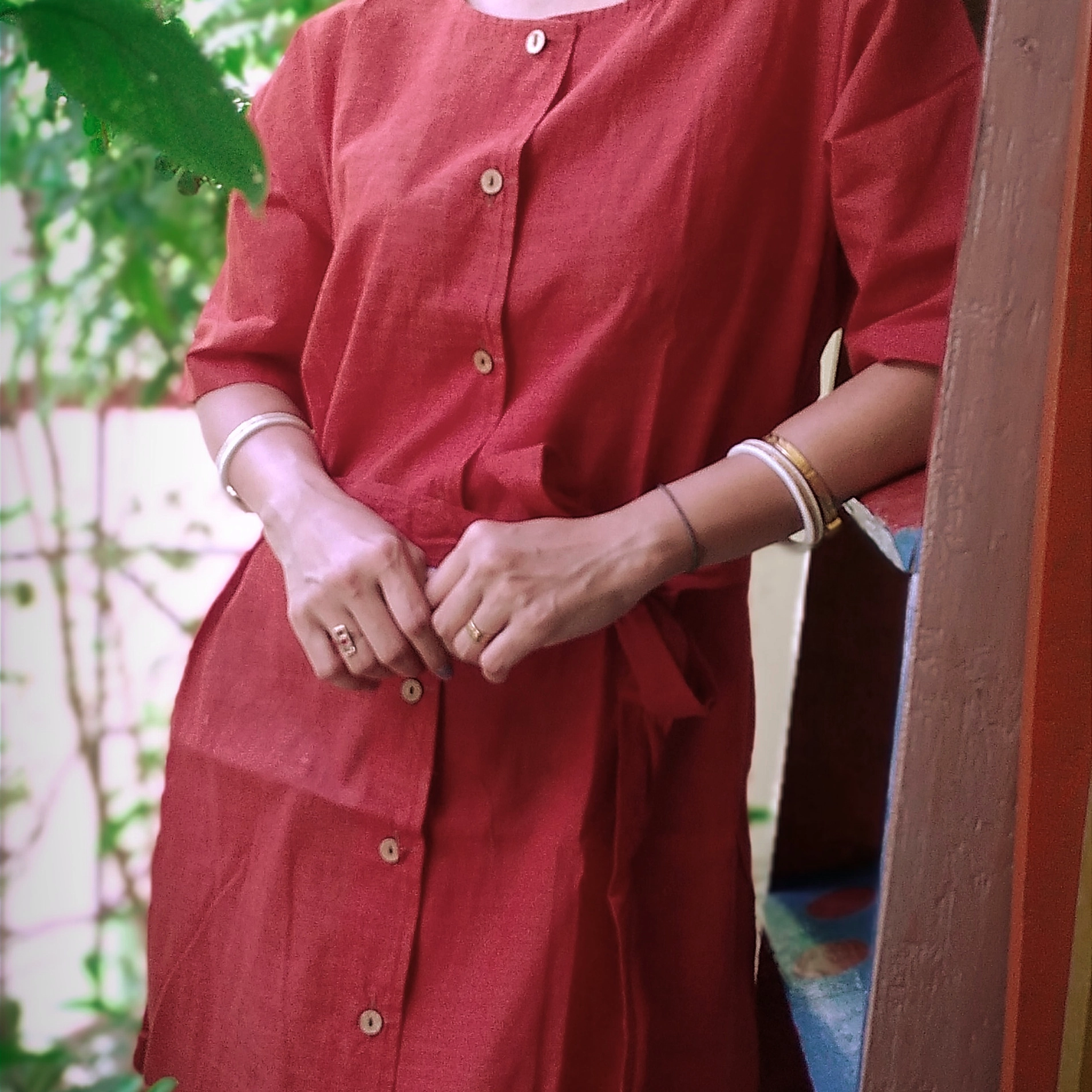 MANILA JOY ~ Round Neck,Button Down Short Sleeves flared bottom Summer Wear.