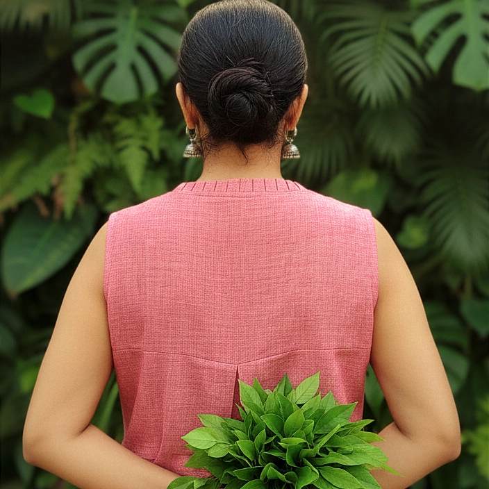 SUNNY BLISS - Peplum Hem Fitted pleated V Neck Sleeveless Top in Haze Red.