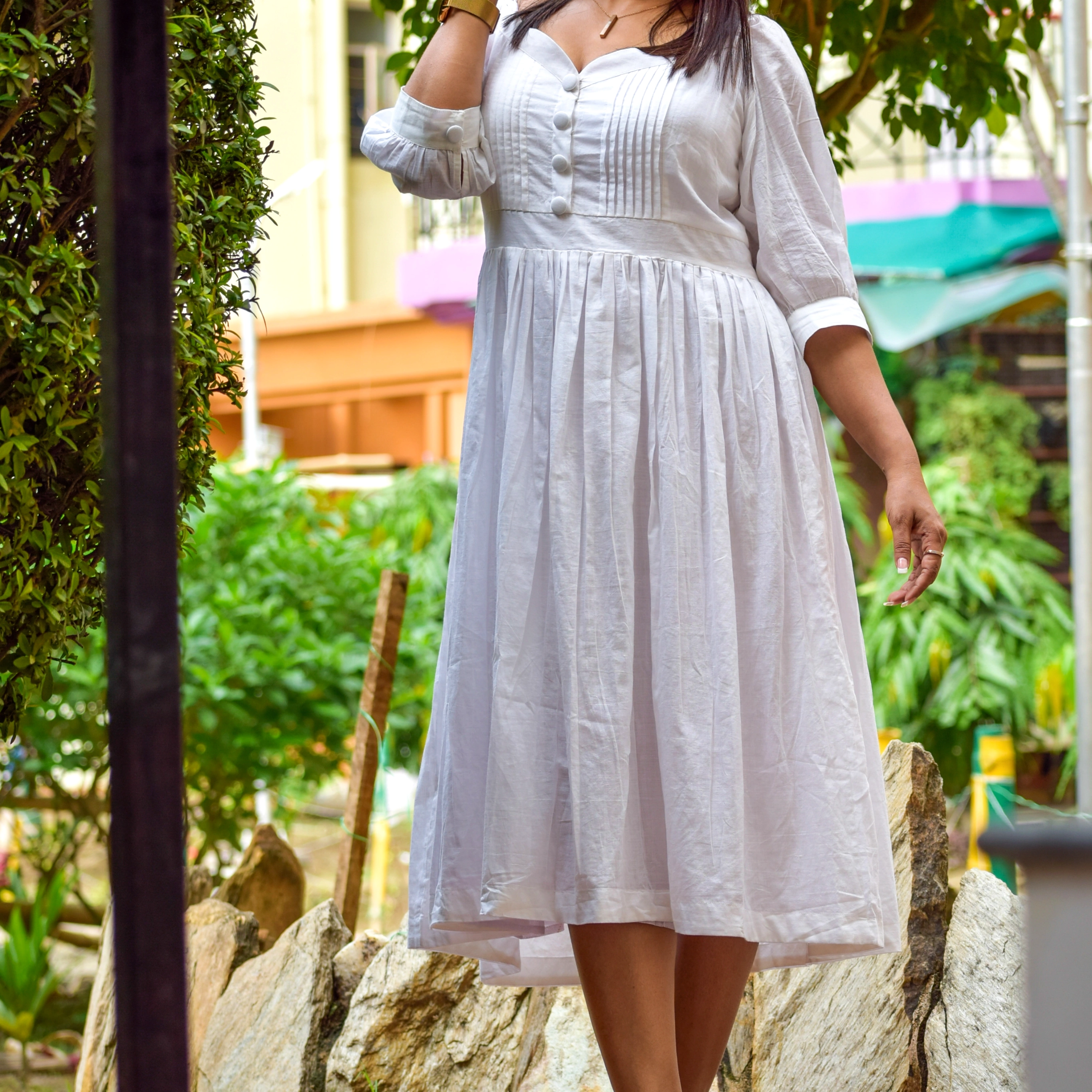 PRISTINE ELEGANCE - SuperFine Muslin Cotton Handmade Summer Dress | Casual  A Line /Midi Dress For Summer | Semi Lantern Sleeves