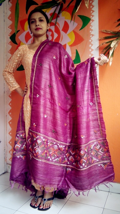 Maze Purple - Bengal Nakshi Kantha Embroidered Tussar Gicha Silk Handloom Duppatta.