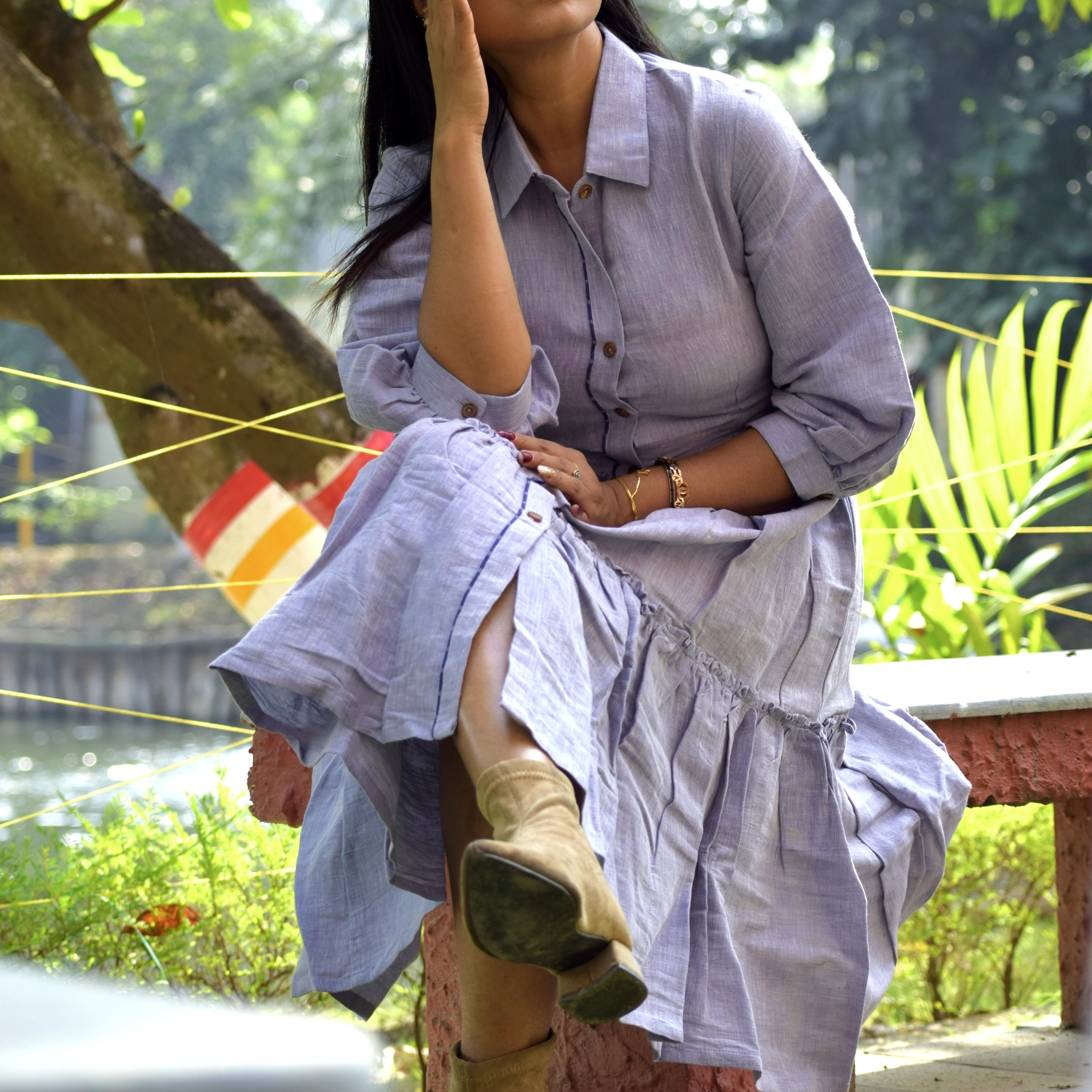 SALSA VIBES- Multi Tiered Linen Cotton Flared Semi Casual Summer Dress 