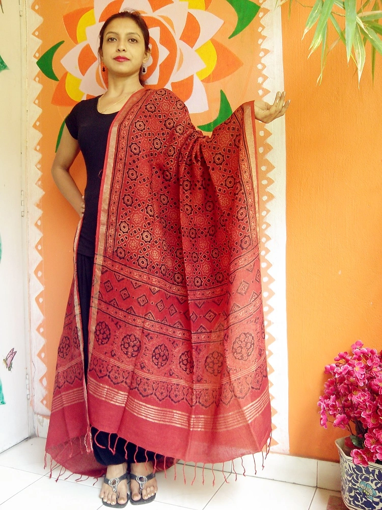 Nazakaat-Garnet Red Ajrakh-printed Linen Dupatta With Zari Border --Spice Up asthetically