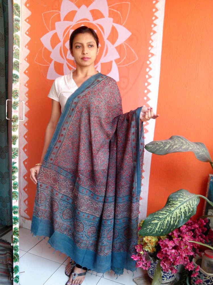 Shairaa- Indigo Blue Ajrakh-printed Premium HandWoven Muslin Cotton Dupatta --Sustainably Fashion.
