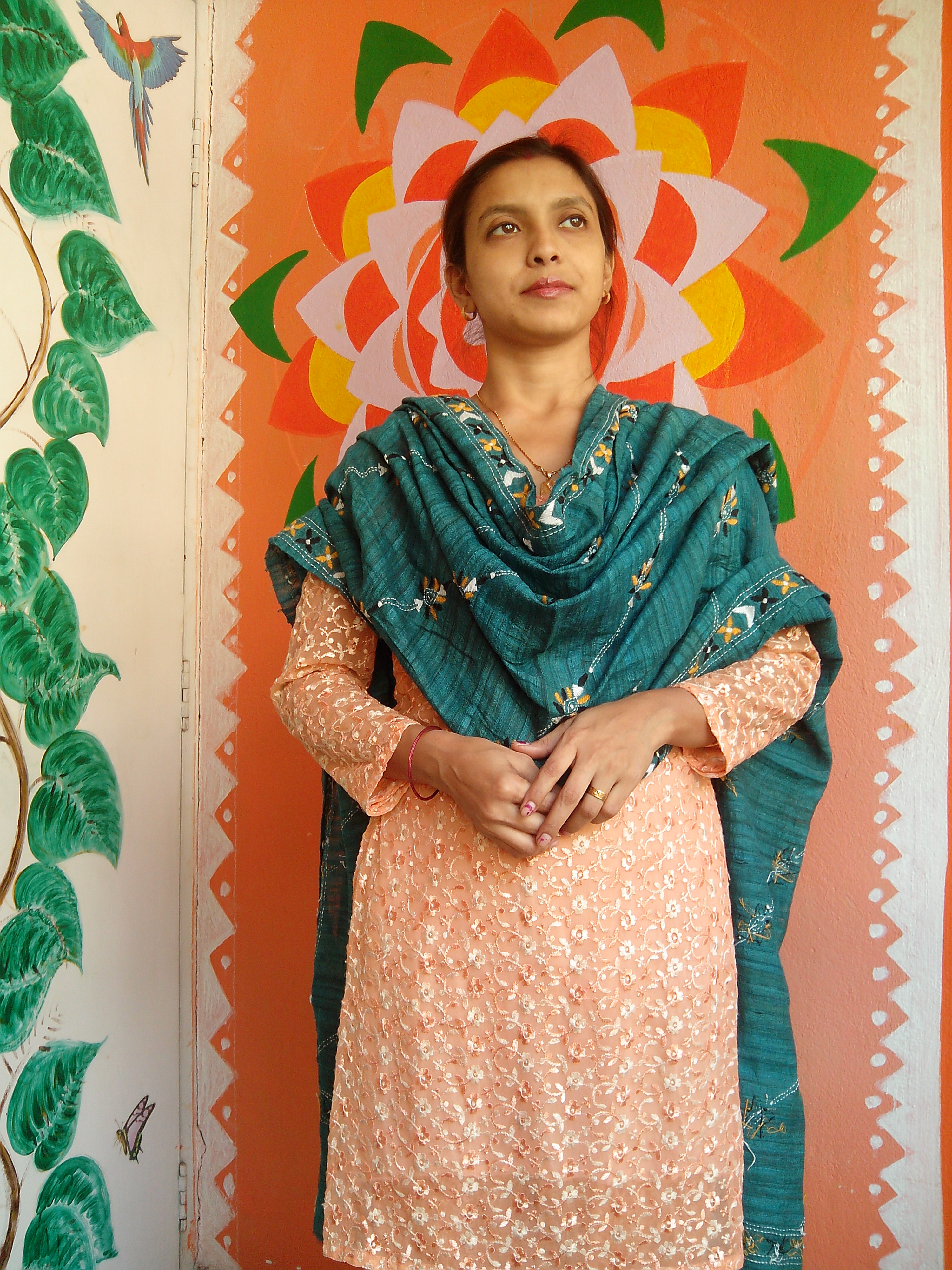 Copper Green - Bengal Nakshi Kantha Embroidered Tussar Gicha Silk Handloom Duppatta.