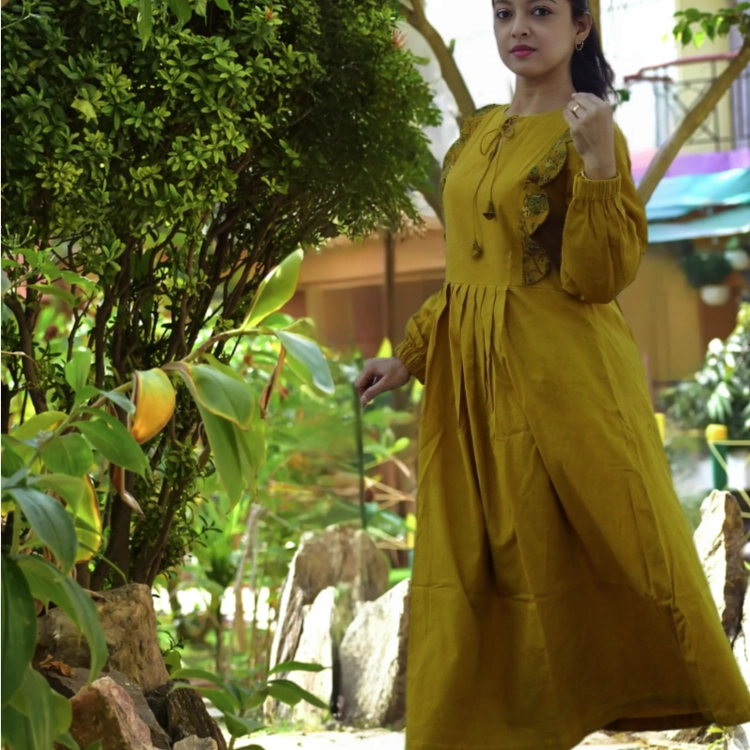 MYKONOS -Smart fit,lantern Sleeves Chrome Yellow Cotton Ajrakh Printed Dress with round Stringed Neck, perfect for a beautiful vacation.