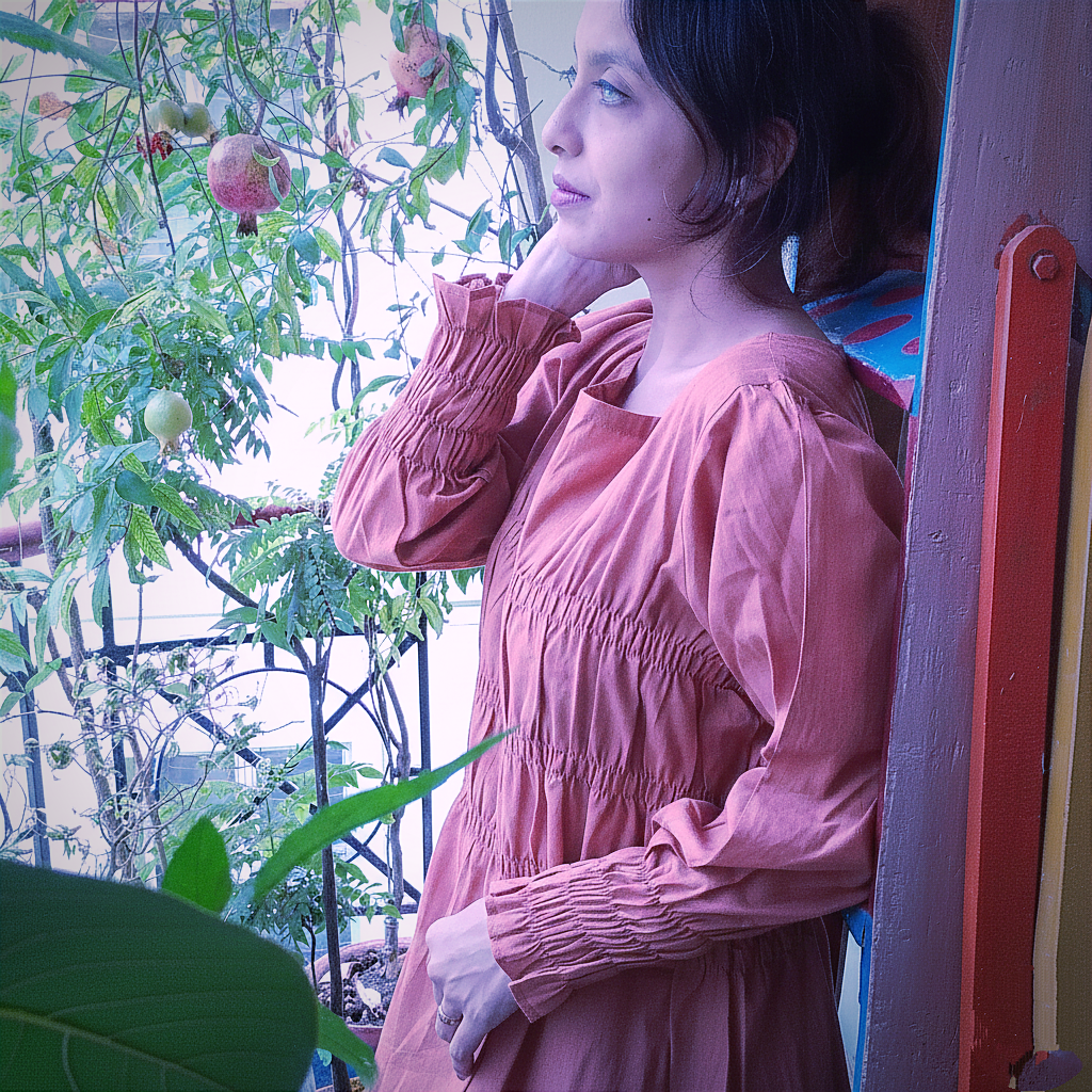 HIGH TIDES ll  ~ Ruffle round Neckline ruched Cuff full Sleeves flared bottom ankle Length Maxi Dress.