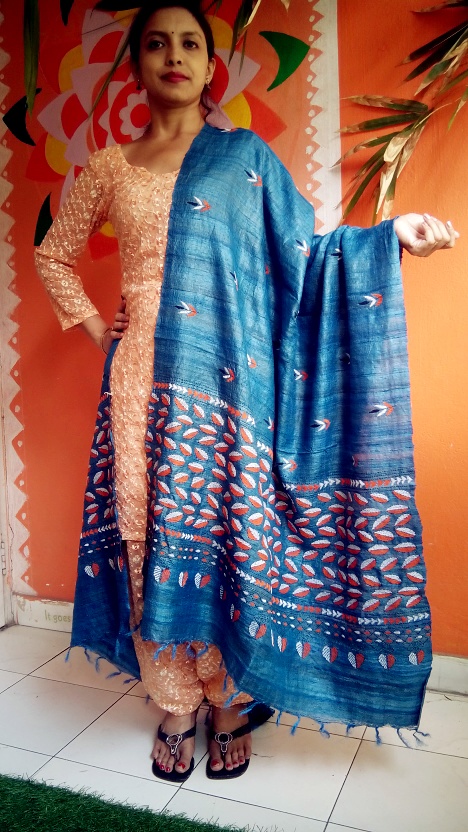 Sulphate Blue - Bengal Nakshi Kantha Embroidered Tussar Gicha Silk Handloom Duppatta.