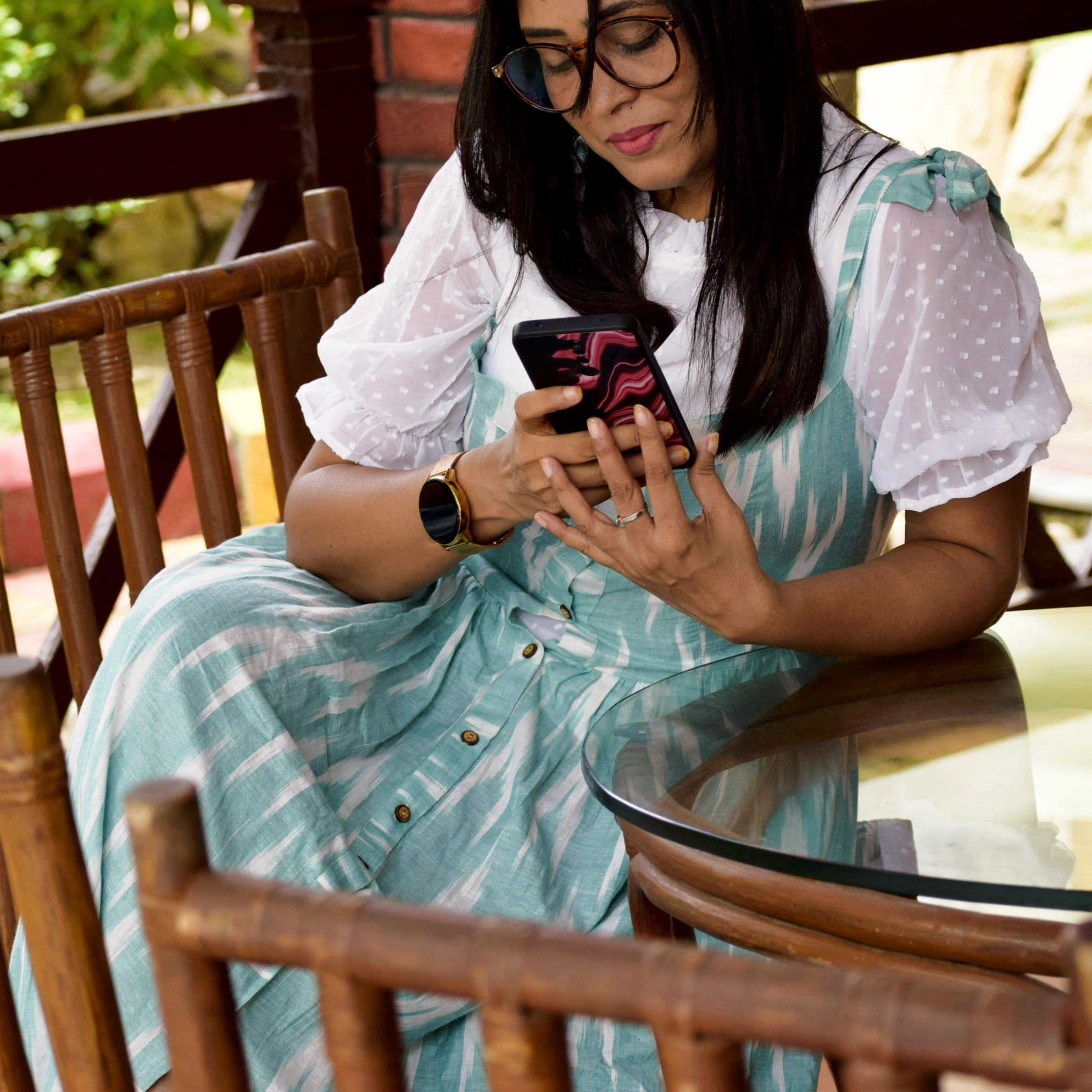 AMARA'S GRACE ll ~Ikkat Pattern Sleeveless Dress with Belted Waist,shoulder Tie Knot Casual Party Wear .